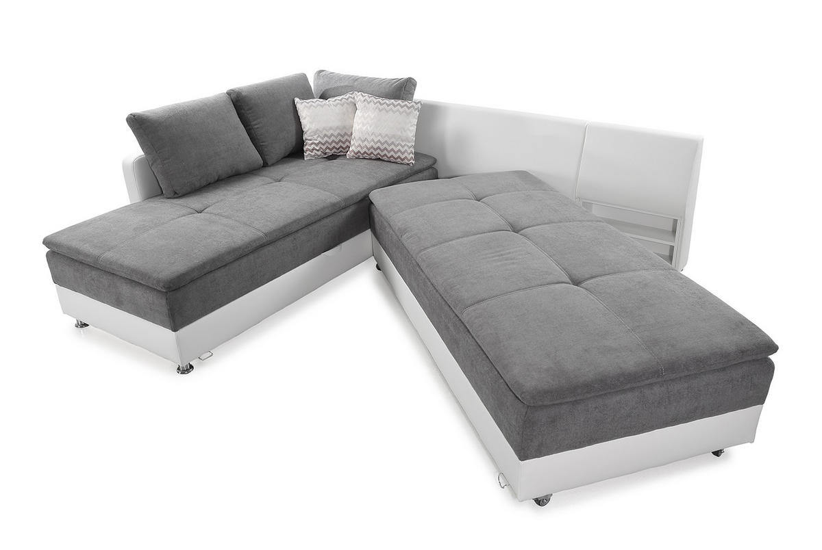 ECKSOFA-DAUERSCHLÄFER Doppelbett Boxspring Federkern Topper, Schwenkteil rechts B306/T223/H95 cm , Kunstleder Weiß+Mikrofaser Hellgrau / 15104 - Chromfarben/Hellgrau, Textil/Metall (306/223cm) - luma-home