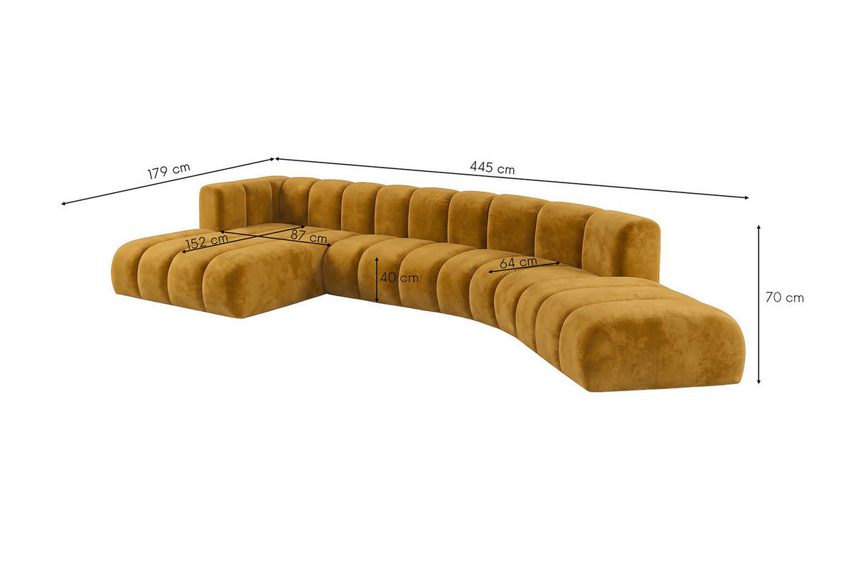 ECKSOFA Modulares In L-Form, Velvet-Stoff Riviera, Senffarbe, Links, GRAND Round - Gelb, Holz (445/179cm) - Kaiser Möbel