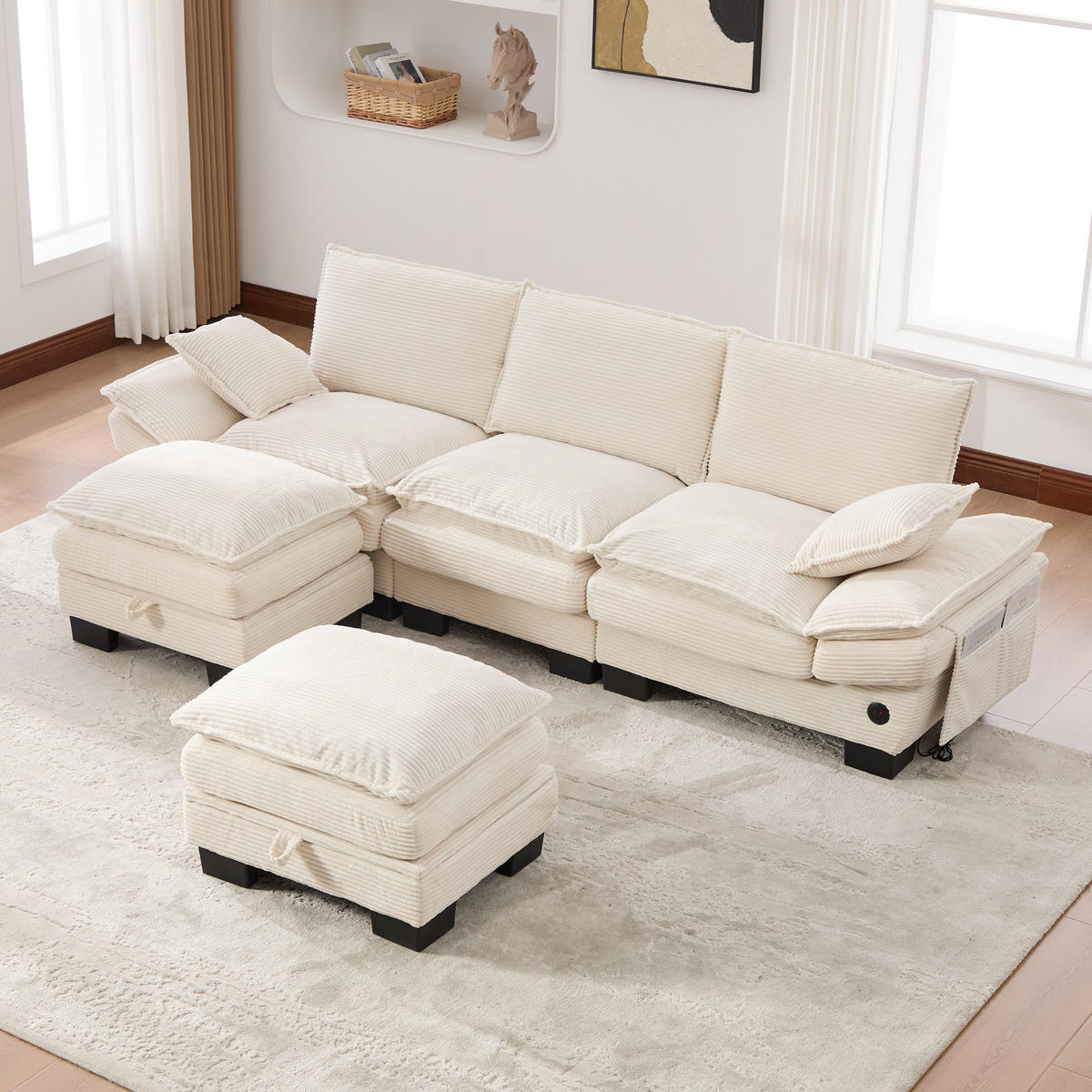 3-SITZER Sofa aus Corduroy 260x132x84 cm mit USB-C & Seitentaschen, beige - Beige, Textil (132/84/260cm)