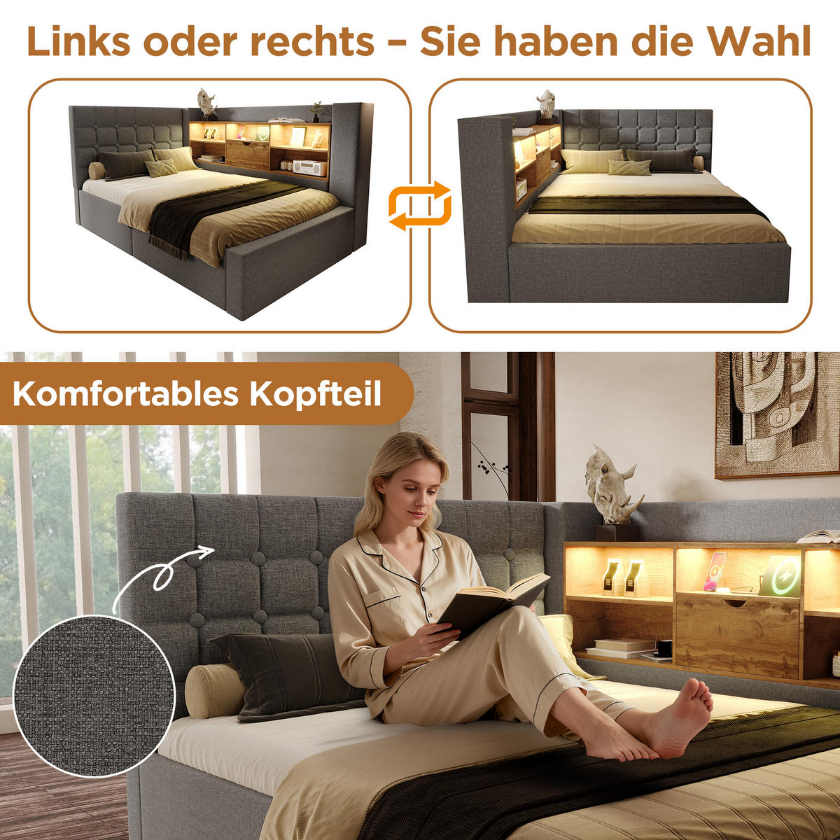 POLSTERBETT 90/200 cm mit LED-Beleuchtung, USB-Anschlüssen, hydraulischem Stauraum und L-Kopfteil, Grau - Grau, Textil (90/200cm) - Redom