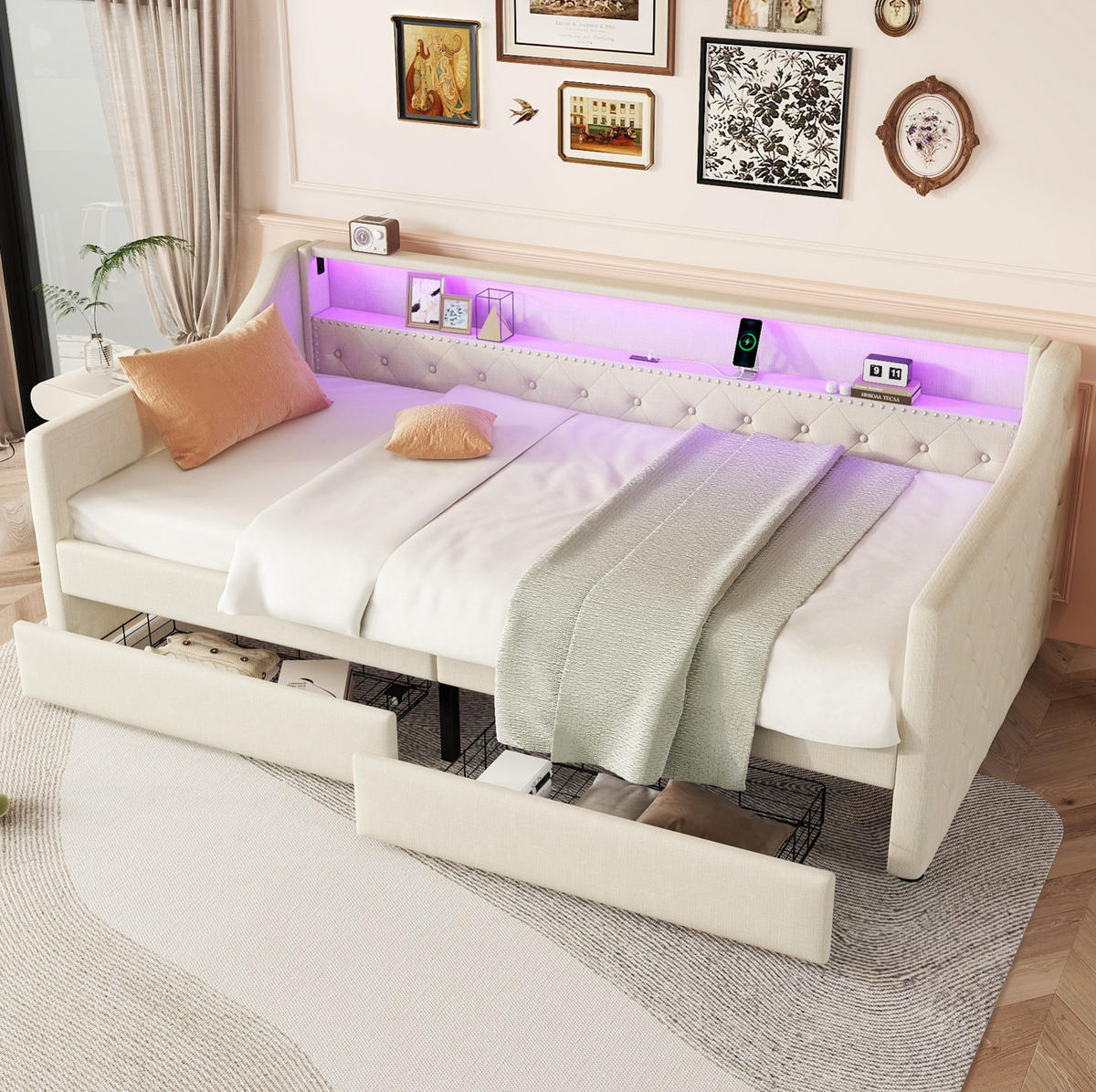 DNEVNI krevet 90/200 cm bež od lana i MDF-a s LED rasvjetom, USB priključkom i 2 ladice - bež, tekstil (90/200cm) - OKWISH