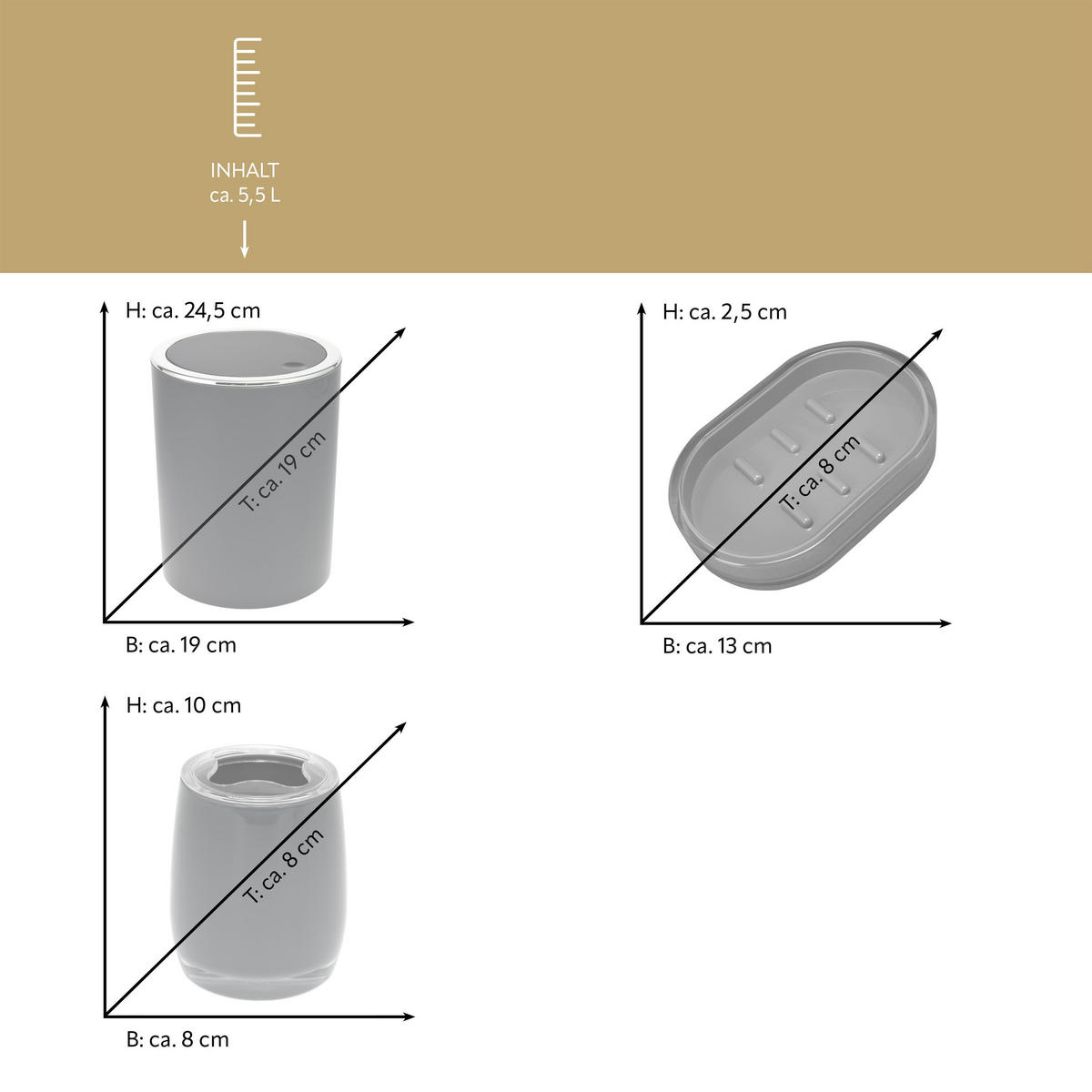 BAD-SET 3tlg. SAVONA, grau - Grau, Kunststoff (19/24.5/19cm) - bremermann