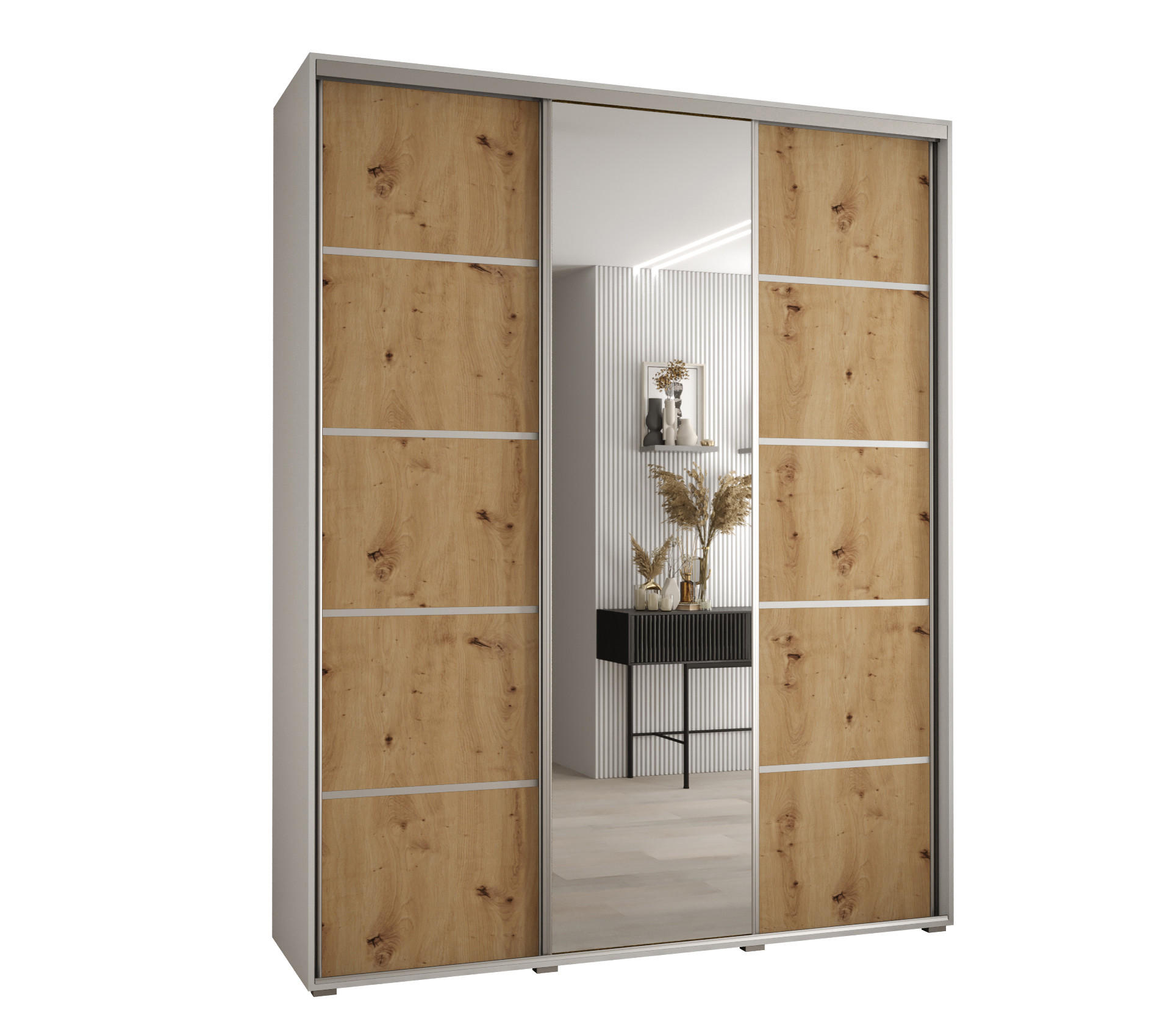 Abiks Möbel SCHWEBETÜRENSCHRANK Weiß, Eiche Artisan, Silber 180cm × 45cm × 235cm