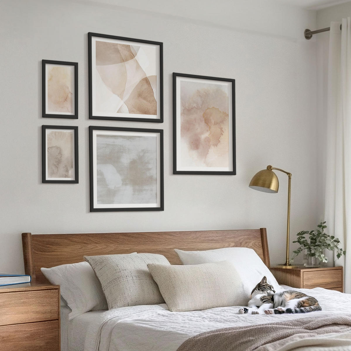 WANDBILDER 5er-Set - 50x50 cm & 20x30 cm & 40x60 cm Schwarzer Rahmen - Warme Aquarell-Pastelltexturen - Schwarz, Kunststoff (40/60cm) - ArtPrintCave