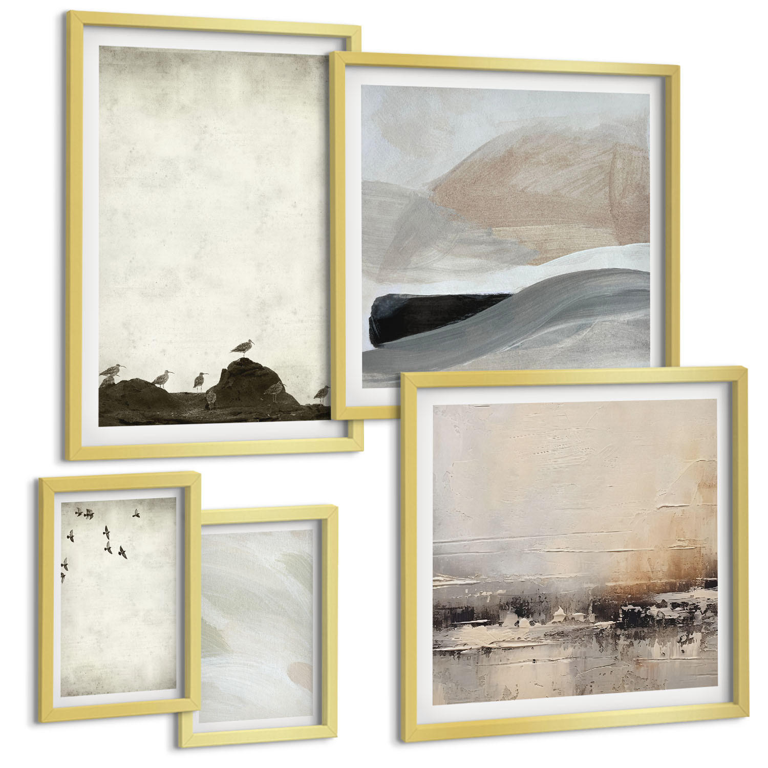 BILDER SET 5er Set - 50x50 cm & 20x30 cm & 40x60 cm Goldrahmen - Vögel, Steine, Pinselstriche, Verzierungen - Goldfarben, Kunststoff (40/60cm) - TULUP