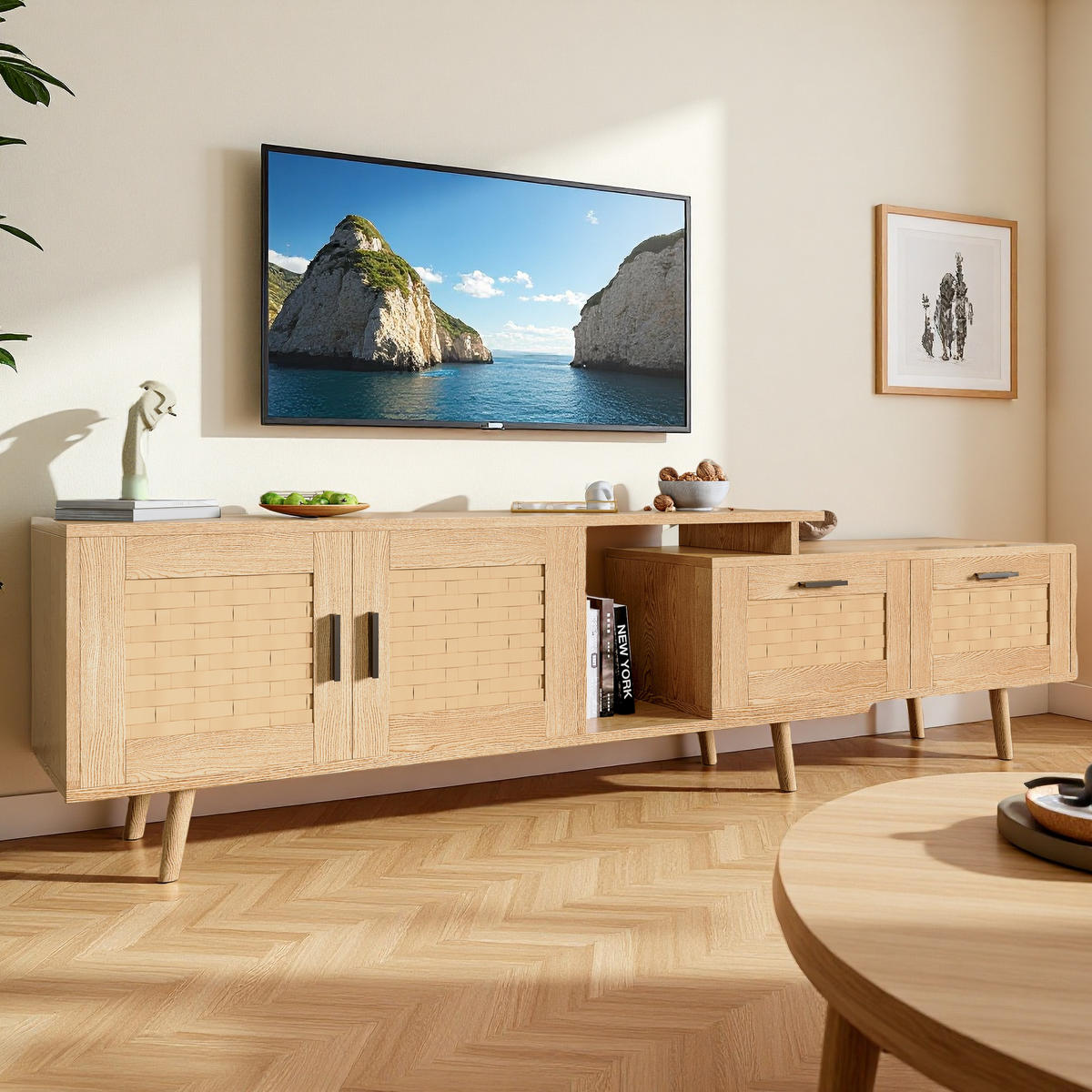 TV-LOWBOARD ausziehbar 146–180 cm, Eiche-Optik mit Rattan-Fronten & Stauraum - Braun, Holzwerkstoff (29.8/44/169cm) - SHOPENTRA