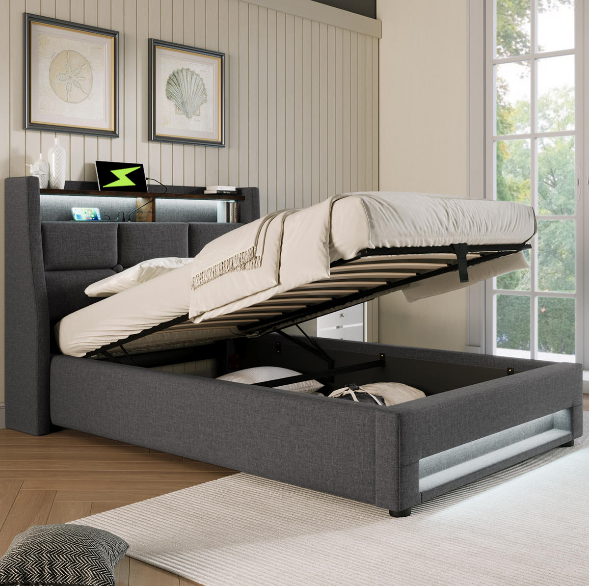 POLSTERBETT 90/200 cm Grau aus Leinen mit LED und USB - Grau, Textil (90/200cm) - OKMYHOME