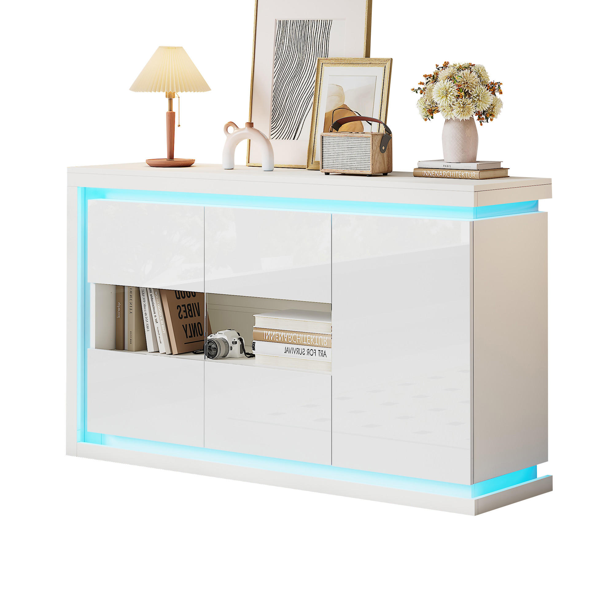 SIDEBOARD LED Hochglanz 4 Fächer Glas 140x40x84cm - Weiß, Holzwerkstoff (40/84/140cm) - FLIEKS