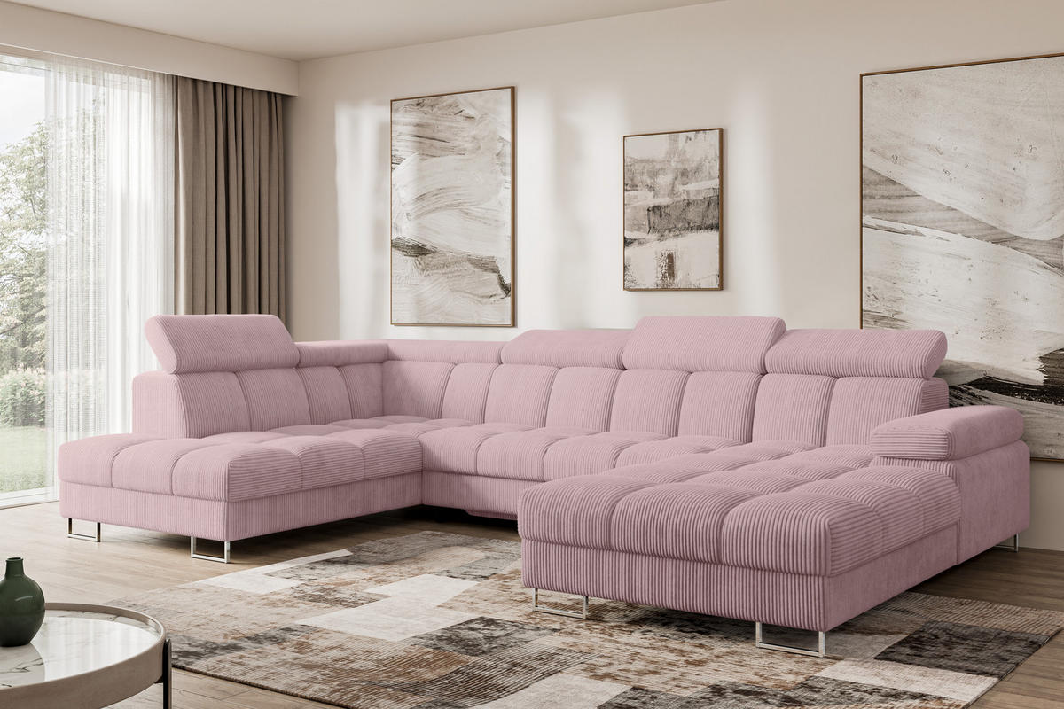 WOHNLANDSCHAFT mit Schlaffunktion und Bettkasten Ottomane Links COMA U 345x203x79 Rosa Cord - Rosa, Holzwerkstoff/Textil (345/79/203cm) - ALTDECOR