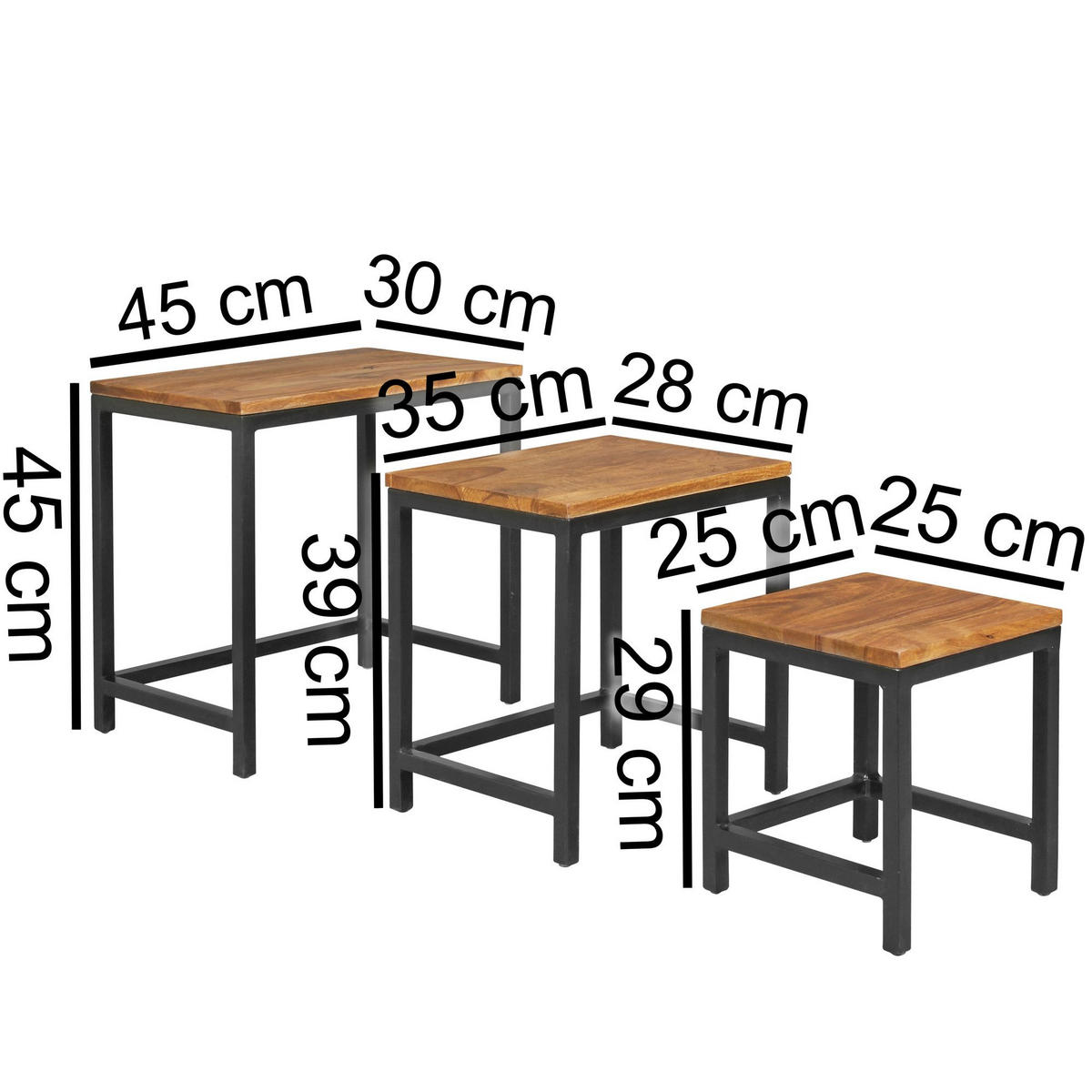 BEISTELLTISCH Set – 3-teilig Massivholz Metallbeine handgefertigt - Schwarz/Braun, Holz/Metall (30/45/45cm) - KADIMA DESIGN