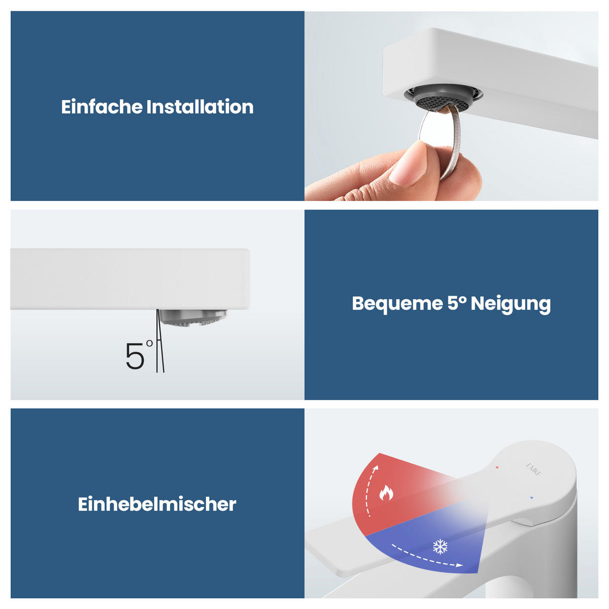 WASCHTISCHARMATUR mit Spulen-Zertifiziertem Filterelement Weiß Matt - Weiß, Metall (17.3/4.6/19.5cm) - EMKE