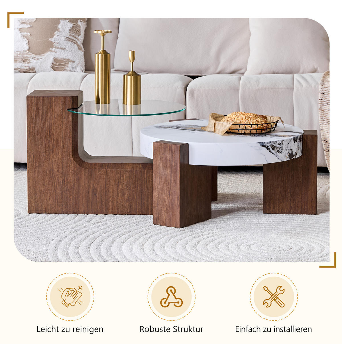 COUCHTISCH rund 61/44 cm in Nussbaumoptik/Weiß aus MDF und Sicherheitsglas mit Stauraum - Nussbaumfarben, Holzwerkstoff (61/61/30cm) - OKMYHOME