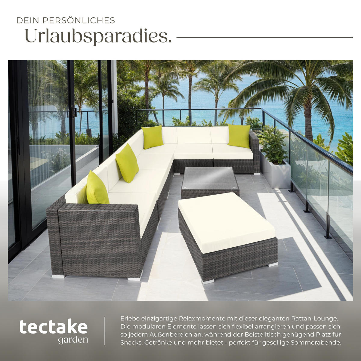 RATTANLOUNGE Marbella,mit Sicherheitsglasplatte,grau - Grau, Kunststoff - tectake