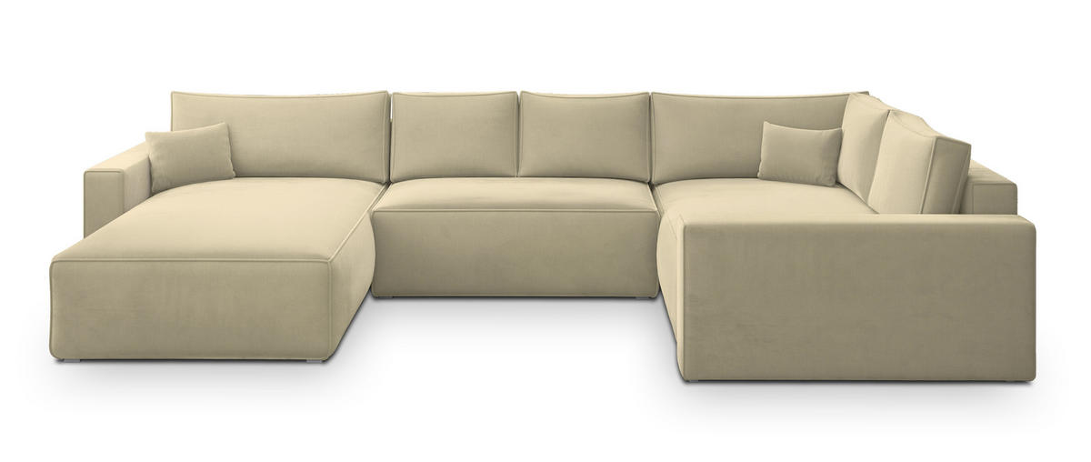 WOHNLANDSCHAFT VELAMI R-S Creme Velours-Stoff mit Schlaffunktion - Creme, Holz (365/83/194cm) - MASSENO