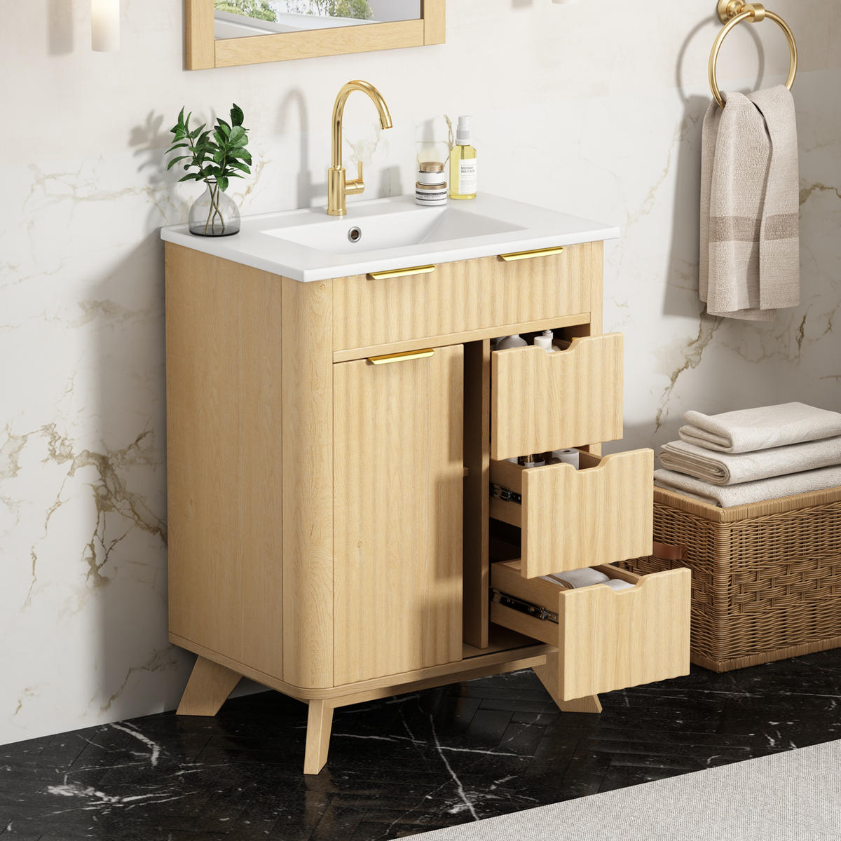 BADEZIMMERSCHRANK Wellenoptik Holzton 3 Schubladen Schiebetür 61cm - Naturfarben, Keramik (61/90/47cm) - FLIEKS