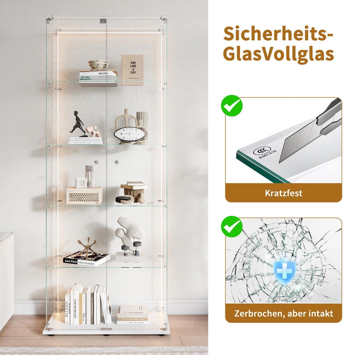VITRINE 2 Türen, 5 Einlegeböden, LED Band, Glas, mobil, Stauraum optimal, weiß - Weiß, Glas (78.51/186.5/34.5cm) - EuroLiving