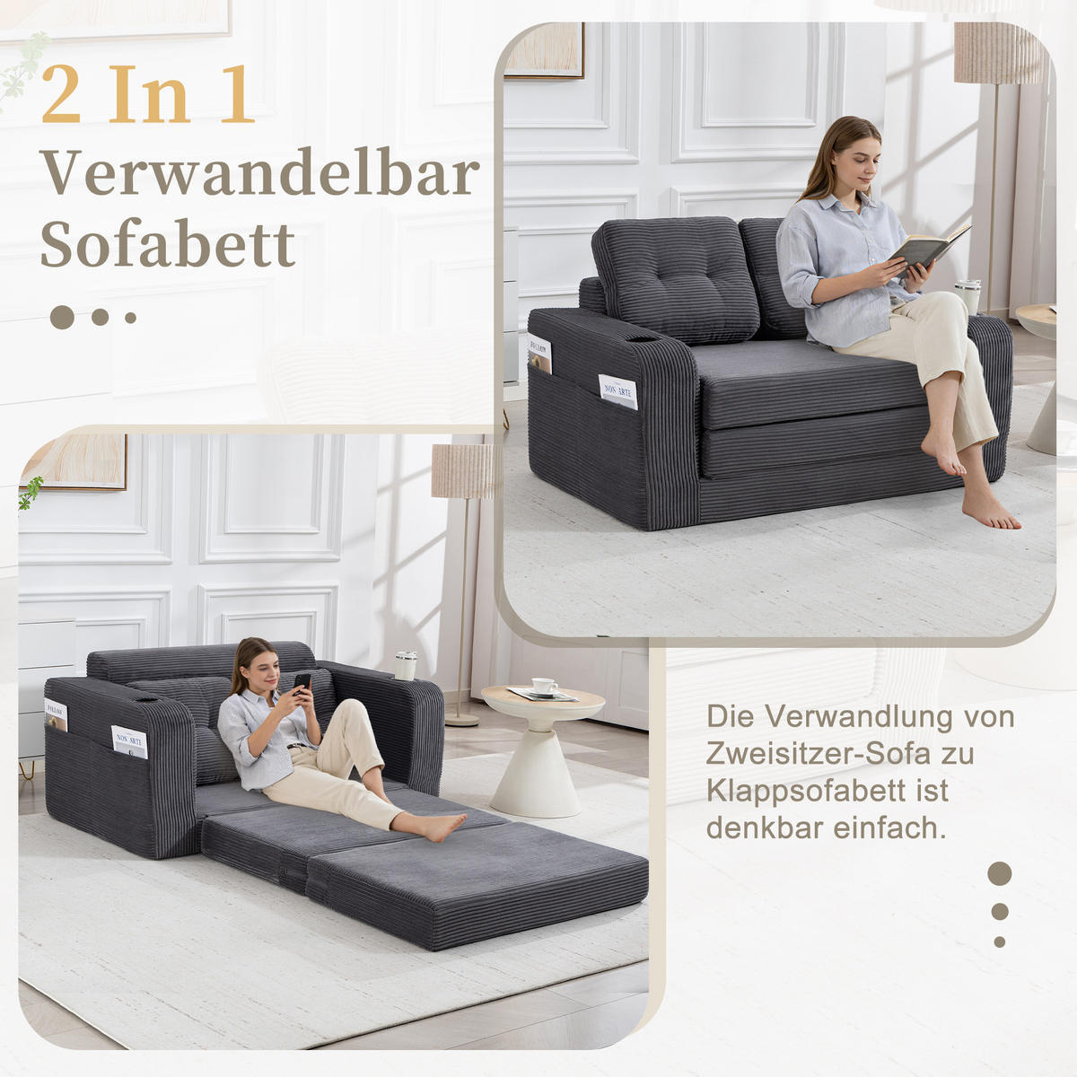 SCHLAFSOFA in Grau Cord mit Getränkehalter und Seitentaschen - Grau, Textil (136/82.5/80cm) - Oxeza