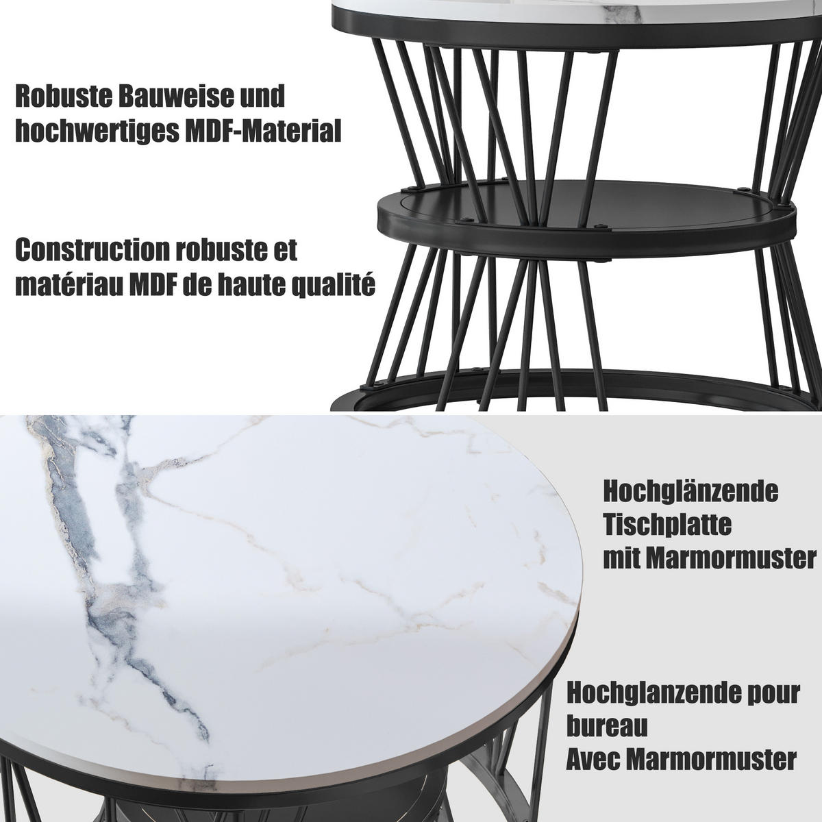 COUCHTISCH 2er Set rund, moderner Wohnzimmertisch aus Metall, für Wohnzimmer und Schlafzimmer Schwarz - Weiß, Metall (70/70/45cm) - PARAFTA HOME