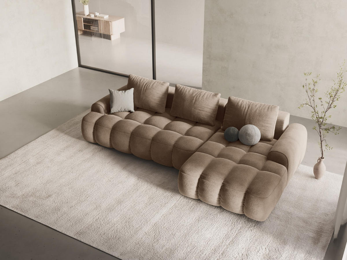 AUSKLAPPBARES-ECKSOFA rechts mit Container Linz aus Samt dunkelbeige 3 Sitzplätze - Mokka, Textil (142/275cm) - Cosmopolitan Design