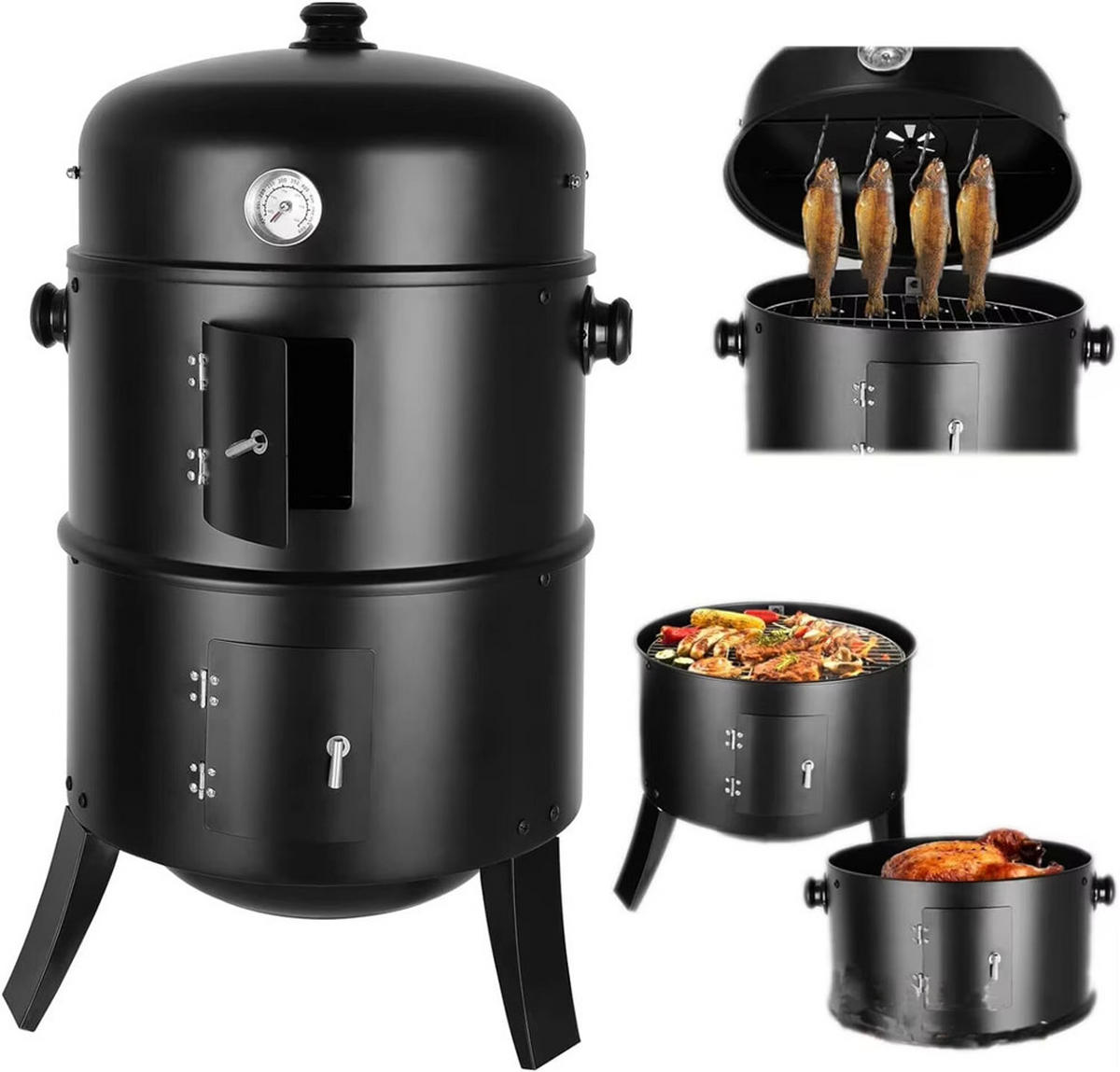 HOLZKOHLEGRILL Räucherfass Grill mit Thermometer BBQ - Schwarz, Metall (44.5/80cm) - Kaket