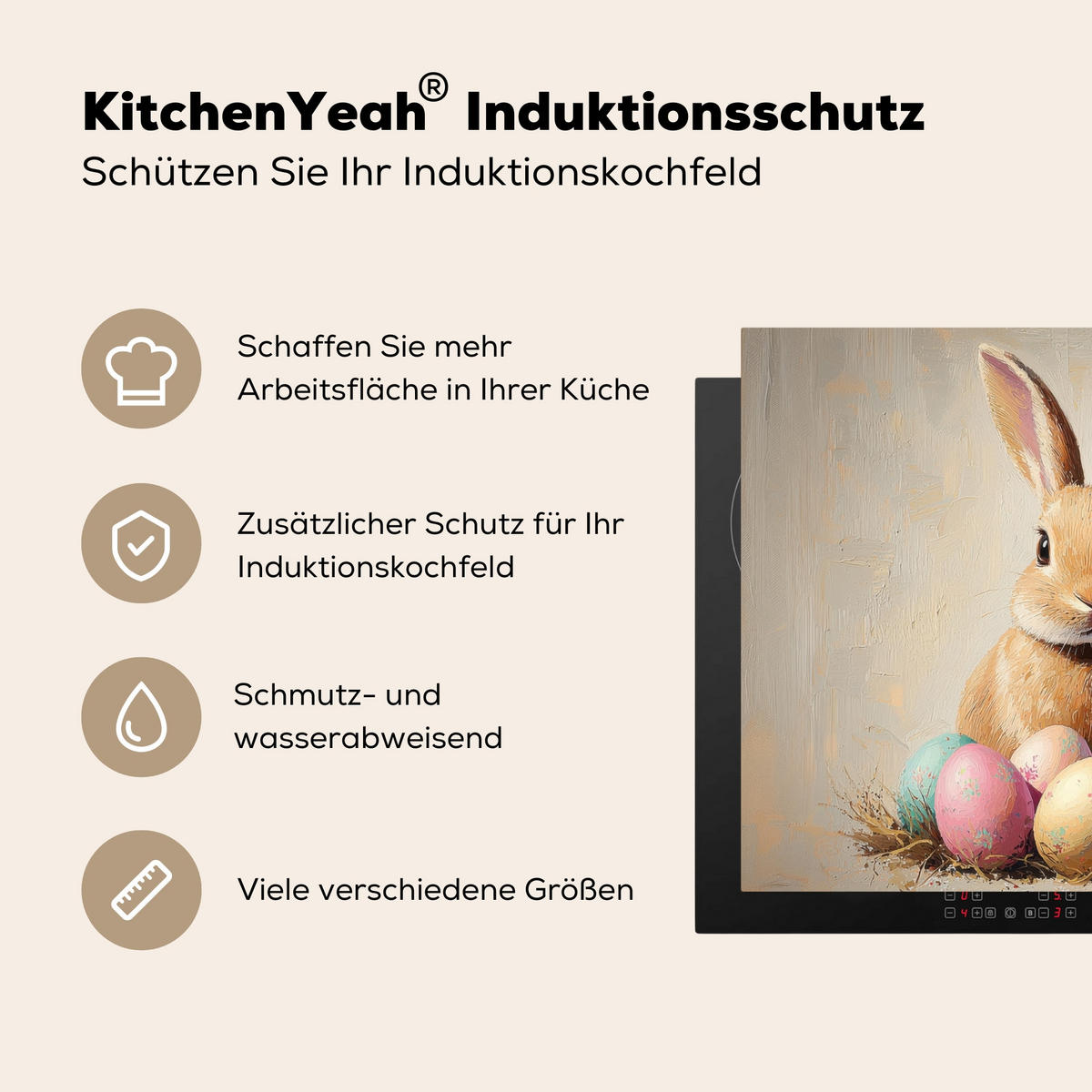 HERDABDECKPLATTE Osterhase - Pastell - Eier Herdabdeckung Induktionsfeld 65x52 cm - Beige, Kunststoff (65/52/0.2cm) - MuchoWow
