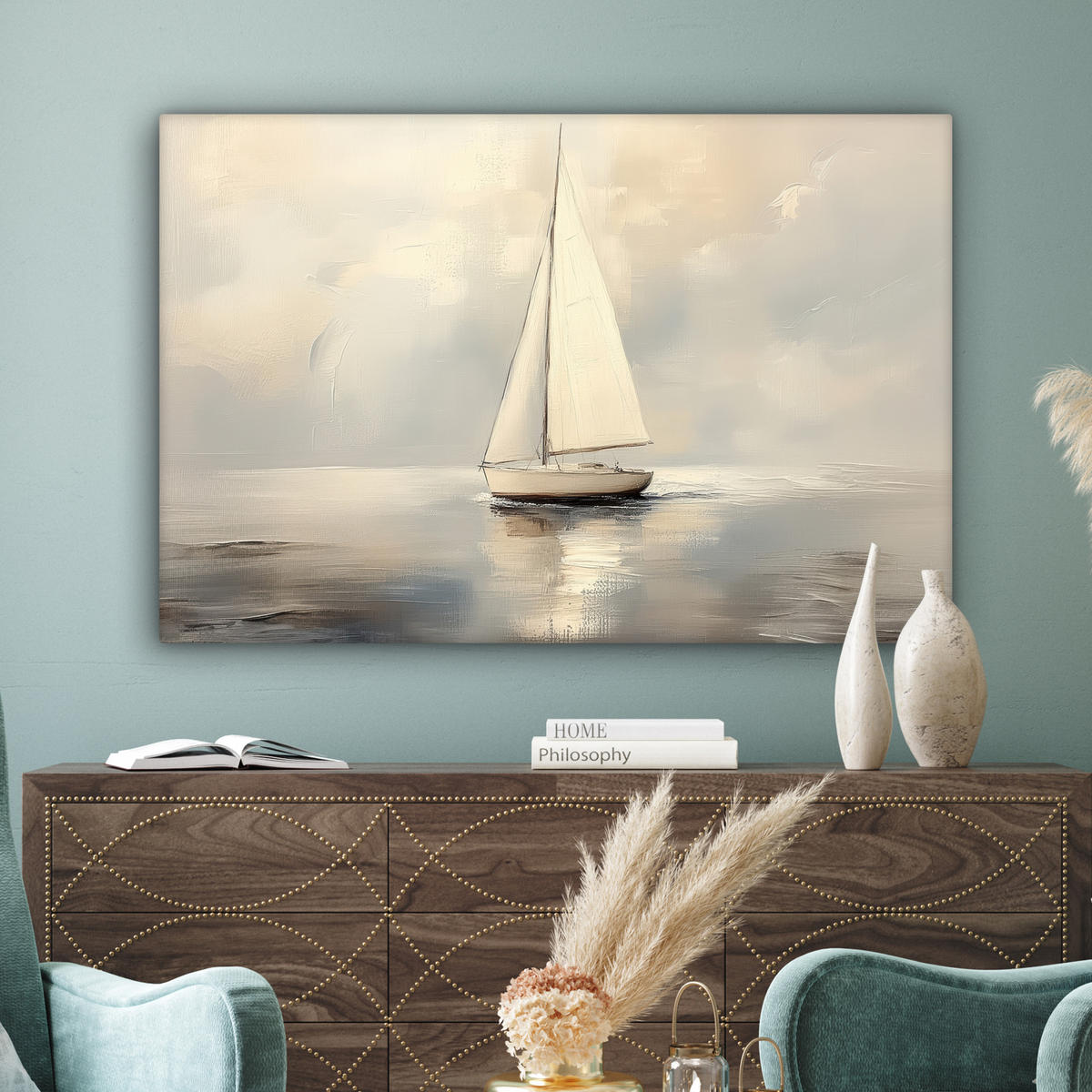 LEINWANDBILD Segelschiff - Meer - Bewölkt XXL 150x100 cm - Creme, Textil (150/100cm) - MuchoWow