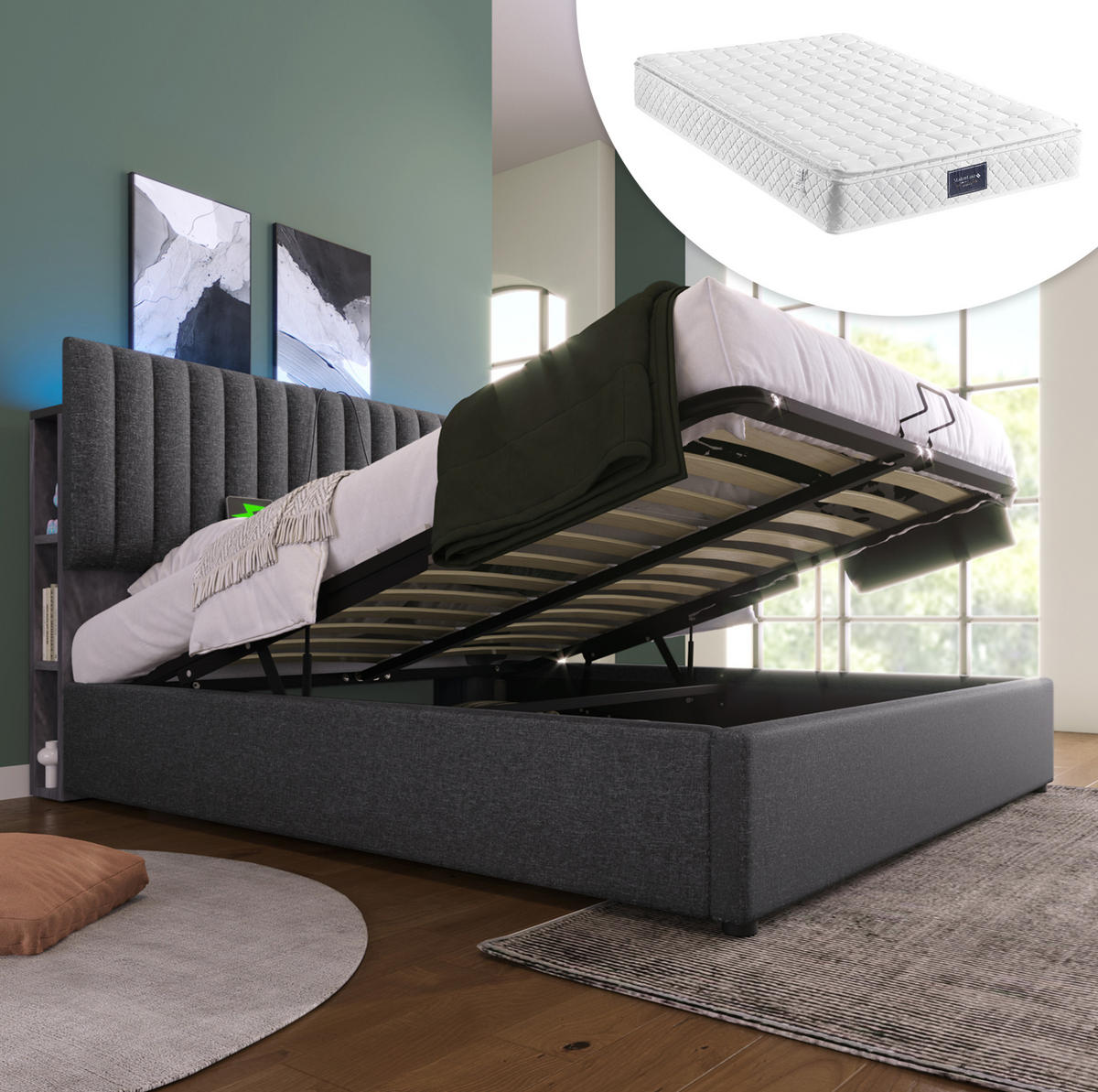 POLSTERBETT 140/200 cm mit LED, USB-Type-C, Stauraum, verstellbarem Kopfteil und Matratze, Grau - Grau, Textil (140/200cm) - Redom