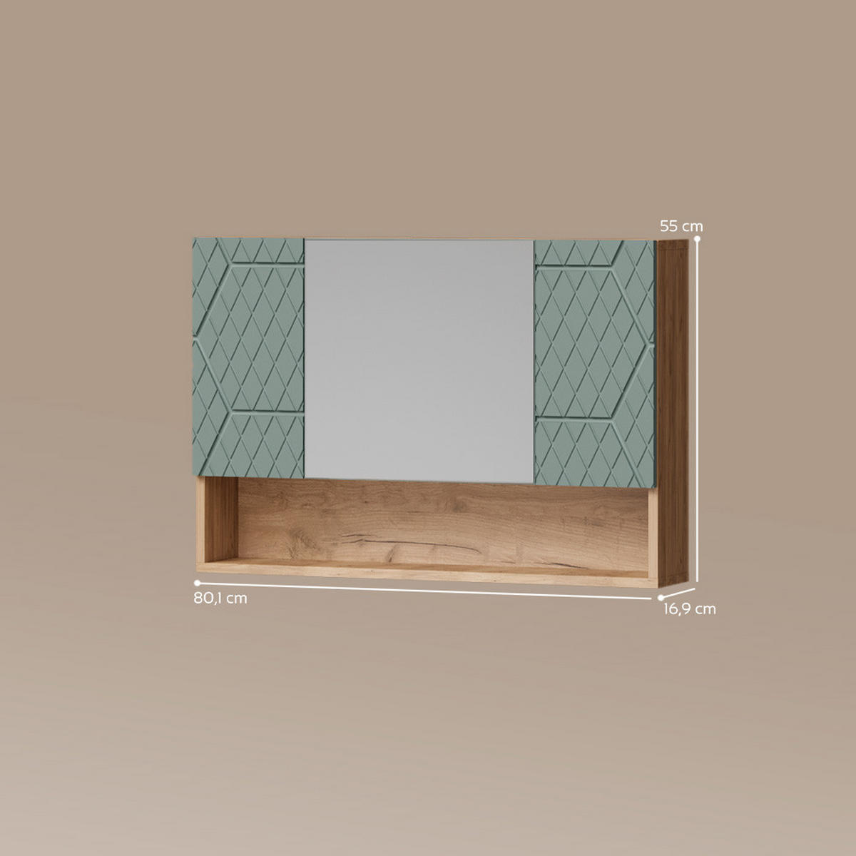 BADSPIEGELSCHRANK Ronco Grün/Goldkraft Eiche 80 x 55 cm - Eiche Wotan/Grün, Holzwerkstoff (80/55/17cm) - Livinity®