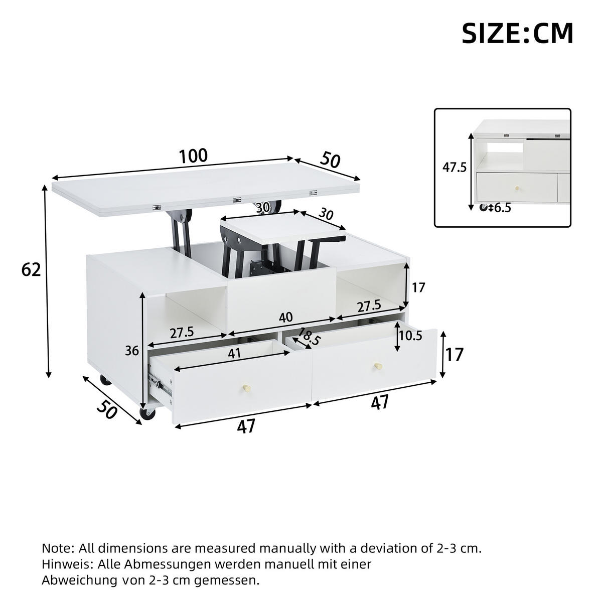 COUCHTISCH 100/50/47,5 cm Höhenverstellbar mit Klappfunktion und 4 Schubladen in Weiß - Weiß, Holzwerkstoff (100/50/47.5cm) - OKWISH