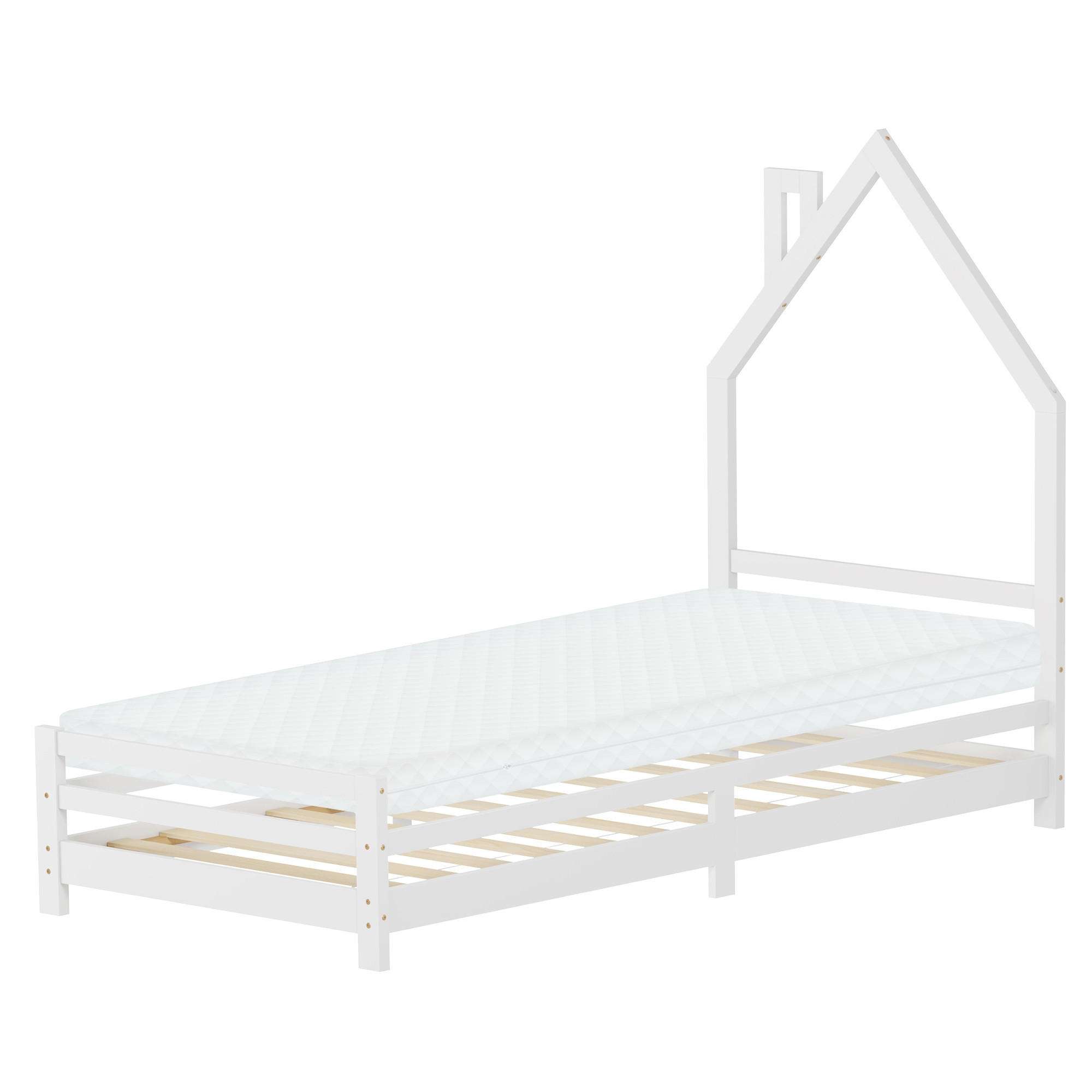 ML-DESIGN DĚTSKÁ postýlka Dům 90x200 cm s matrací, bílá, borovicové dřevo
