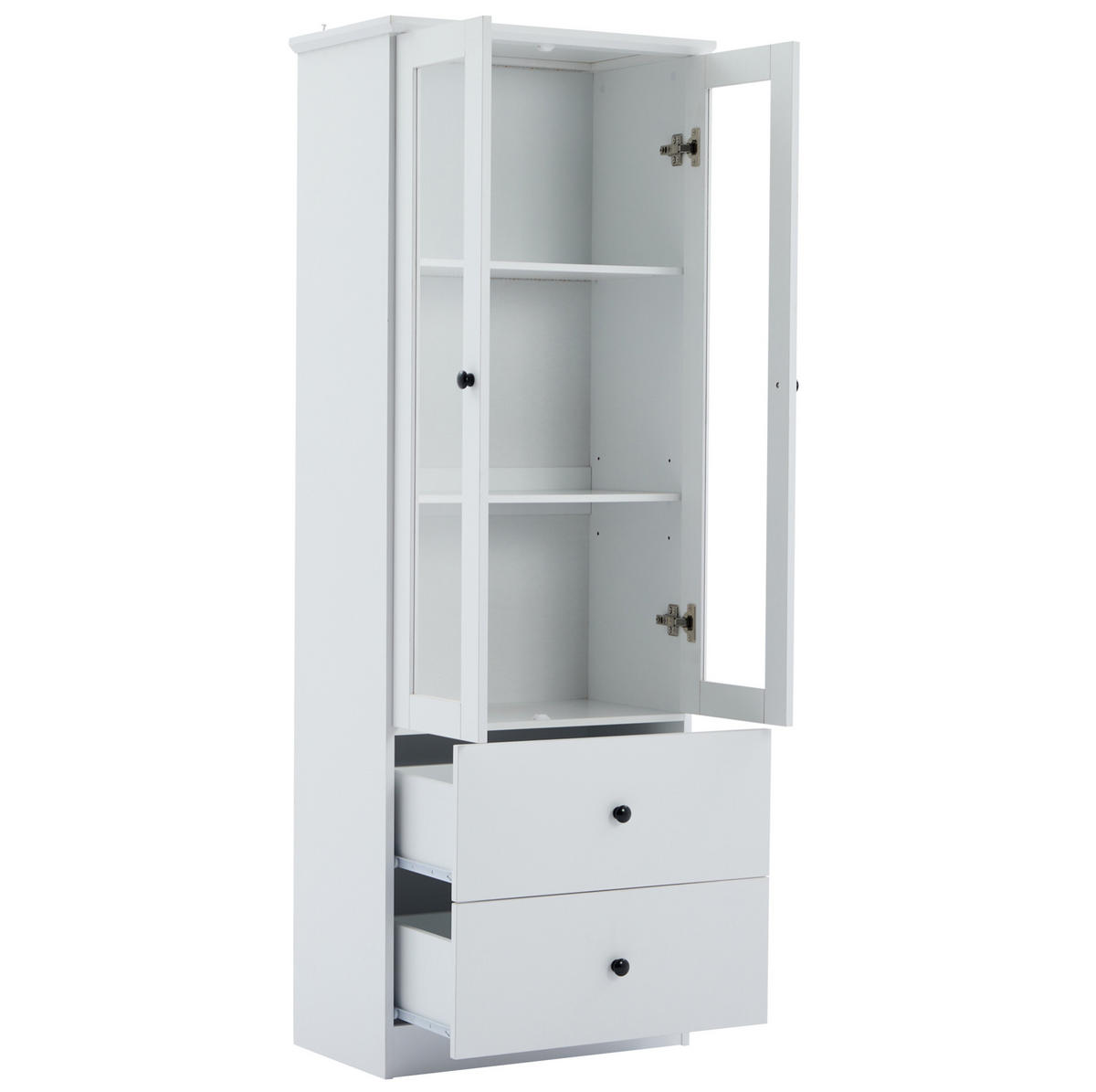 VITRINE 60/35,5/165 cm mit LED-Beleuchtung, USB-Anschluss, 2 Schubladen und verstellbaren Einlegeböden, Weiß - Weiß, Holzwerkstoff (60/165/35.5cm) - Redom