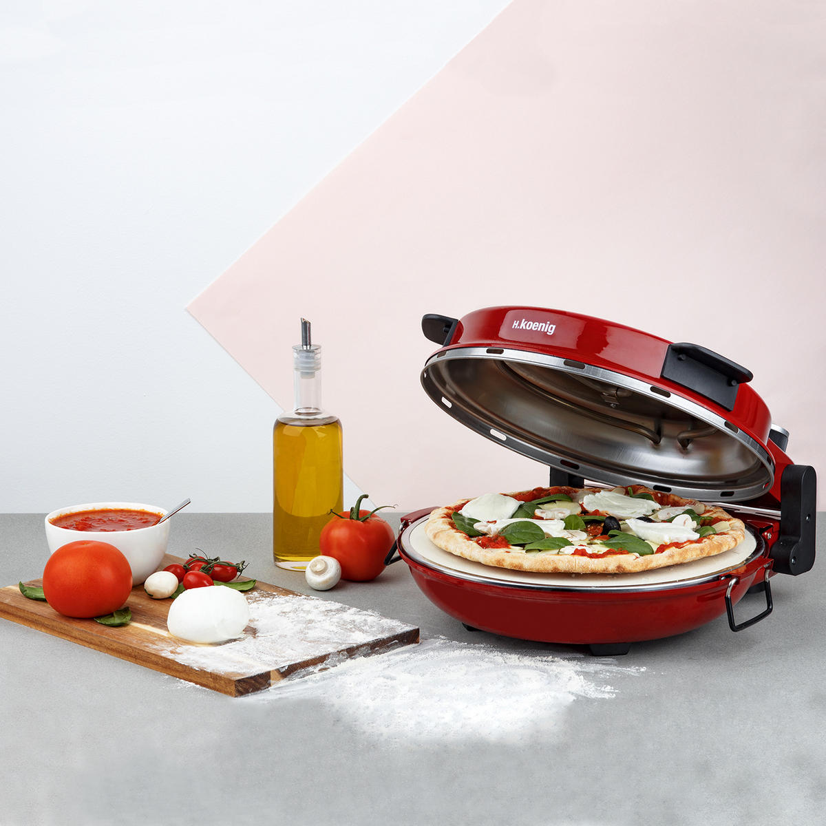 PIZZAOFEN NAPL350 Rot, Pizza Durchmesser 32 cm, 210 Grad C, Keramik Steinplatte, Aluminum - Rot, Metall (35/15.5/35.5cm) - HKoenig