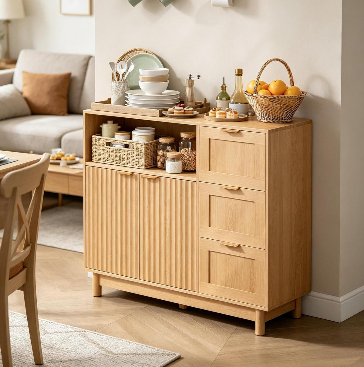 SIDEBOARD aus MDF und Spanplatte 90x35x80 cm in Holzoptik mit 3 Schubladen - Eichefarben, Holzwerkstoff (90/80/35cm) - IVMEU