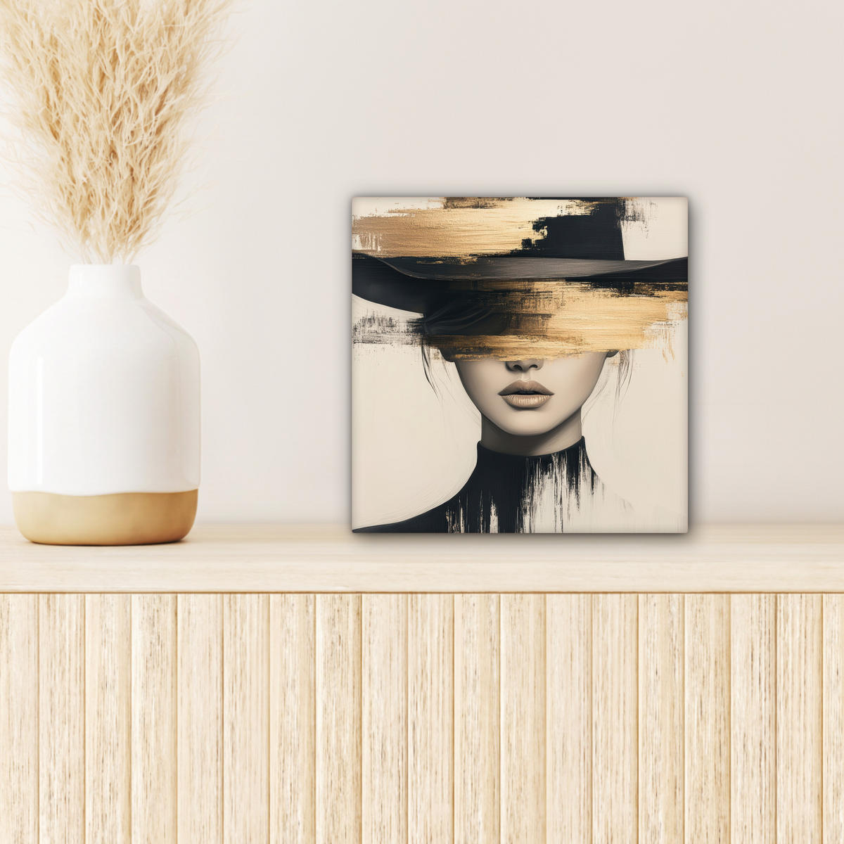 LEINWANDBILD Frau - Hut - Farbe 20x20 cm - Goldfarben, Textil (20/20cm) - MuchoWow