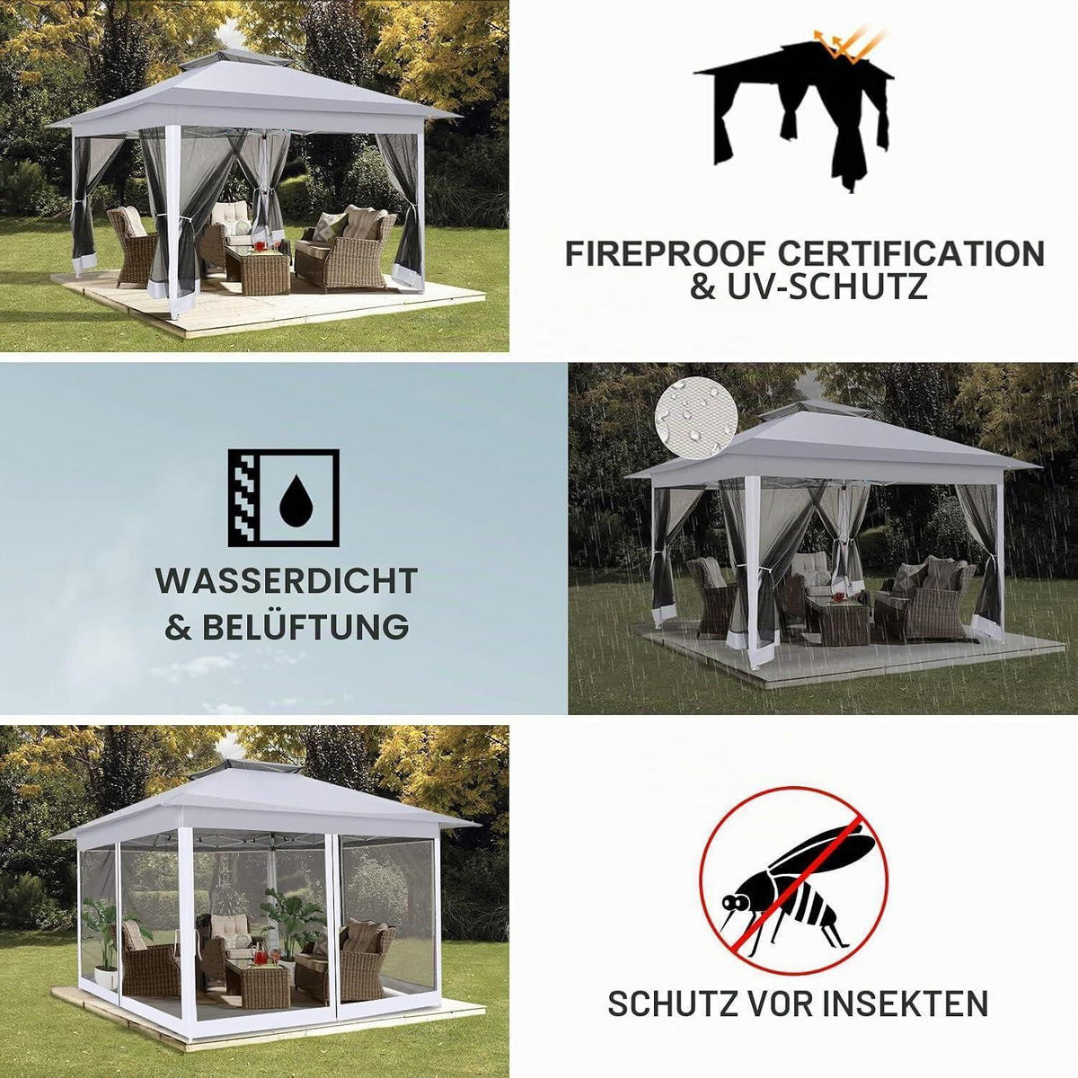 FALTPAVILLON Grau mit Moskitonetz 3,65 x 3,65 m - Grau, Metall (365/270/365cm)