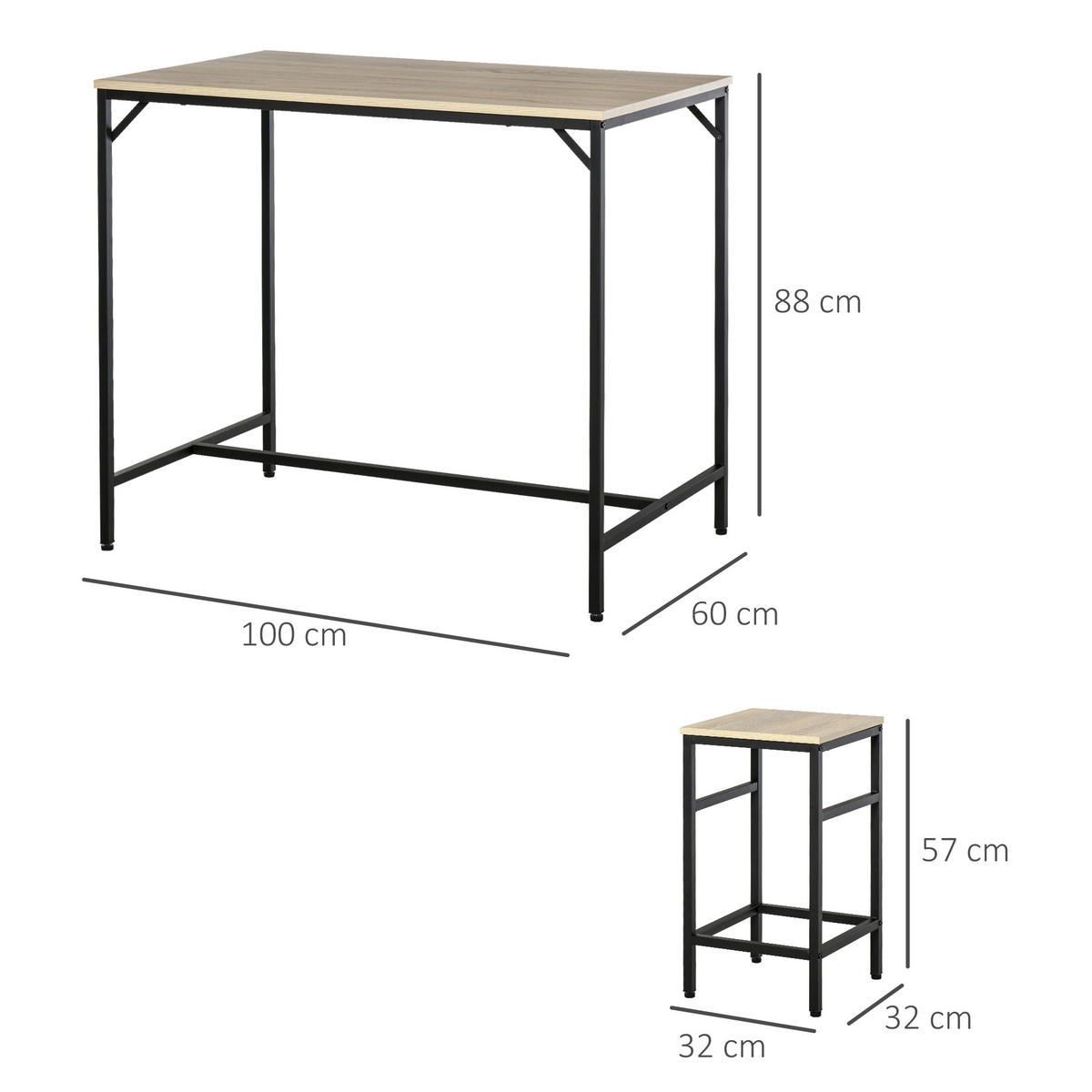 BARTISCH-SET, Spanplatte, Stahl, Eiche - Eichefarben, Kunststoff (60/88/100cm) - HOMCOM