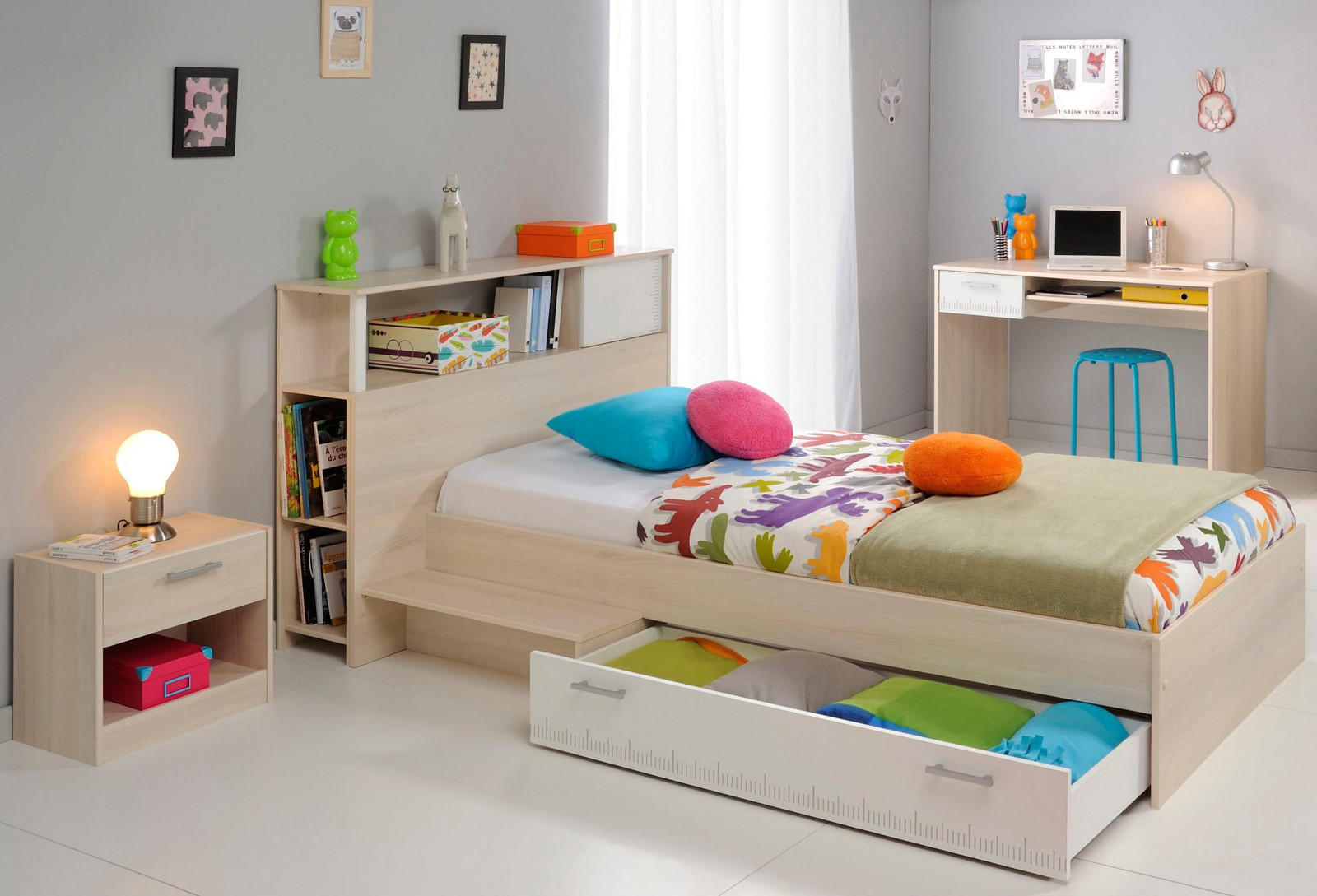 KINDERZIMMER Set 4-tlg Schreibtisch Nachttisch Stauraumbett 90 x 200 cm - Silberfarben/Weiß, Holzwerkstoff/Kunststoff (220/93/123cm) - Parisot Meuble