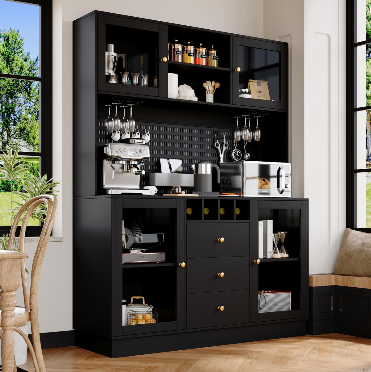 BUFFET 140/40/185,7 cm aus MDF und Glas mit LED-Beleuchtung Schwarz - Schwarz, Holzwerkstoff (140/185.7/40cm) - Modenvie