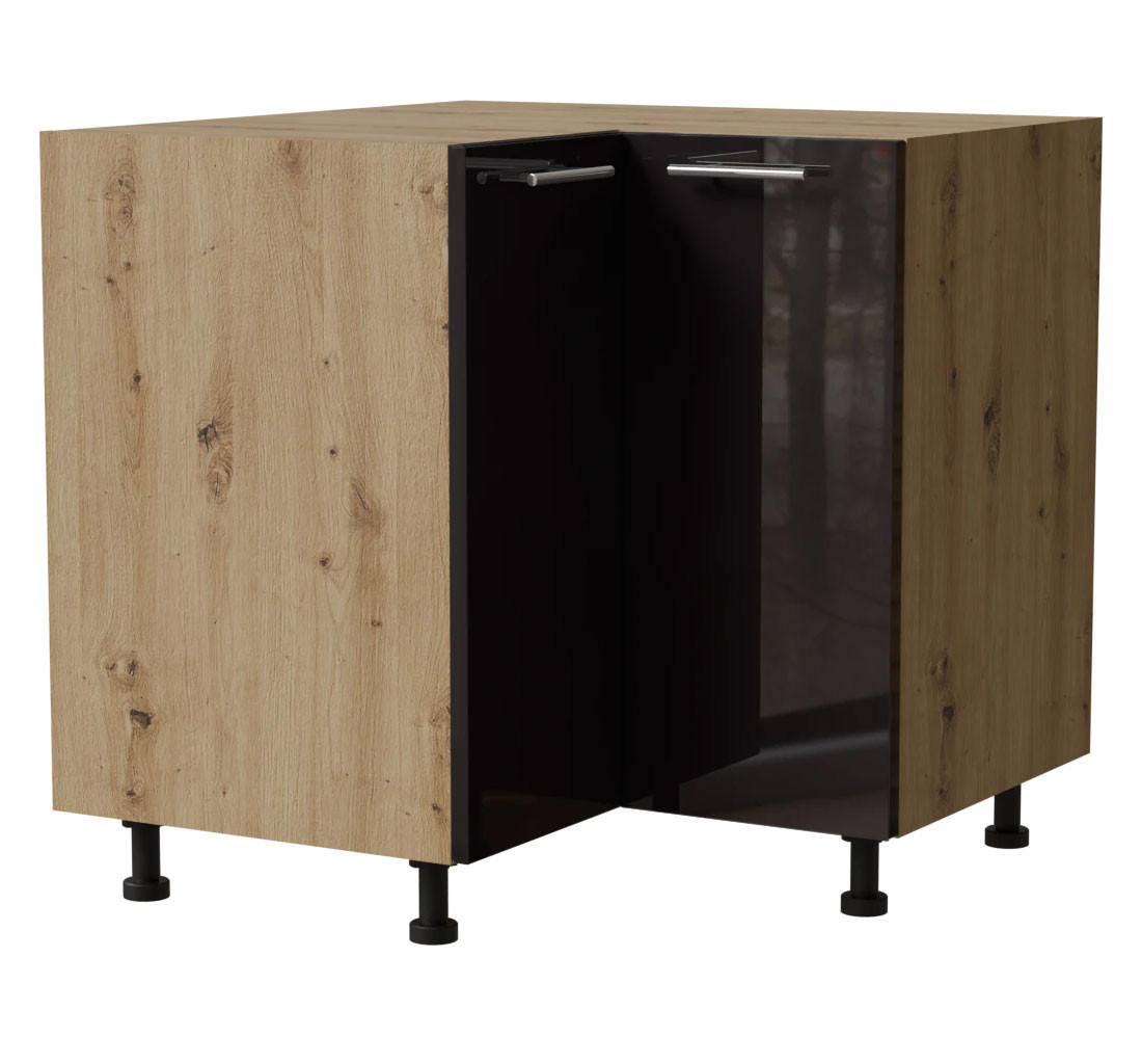 ECKUNTERSCHRANK Essen D12/90 Eiche Artisan / Schwarz Hochglanz 84 / 84 / 82cm mit Einlegeboden - Schwarz Hochglanz/Schwarz, Holz/Holzwerkstoff (84/82/84cm) - Feldmann-Wohnen