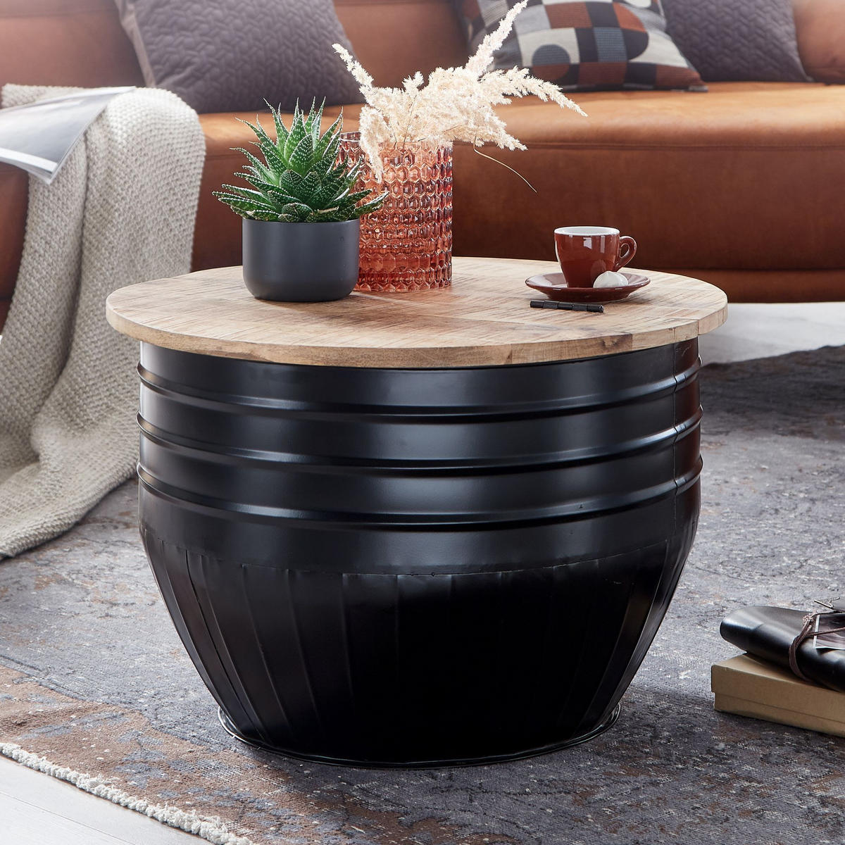 COUCHTISCH Mango Massivholz Industrial Stil mit Stauraum handgefertigtes Unikat - Schwarz, Holz/Metall (60/60/41cm) - KADIMA DESIGN