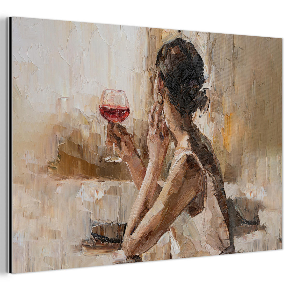 METALLBILD Ölgemälde - Frau - Wein 90x60 cm - Hellbraun, Metall (90/60cm) - MuchoWow