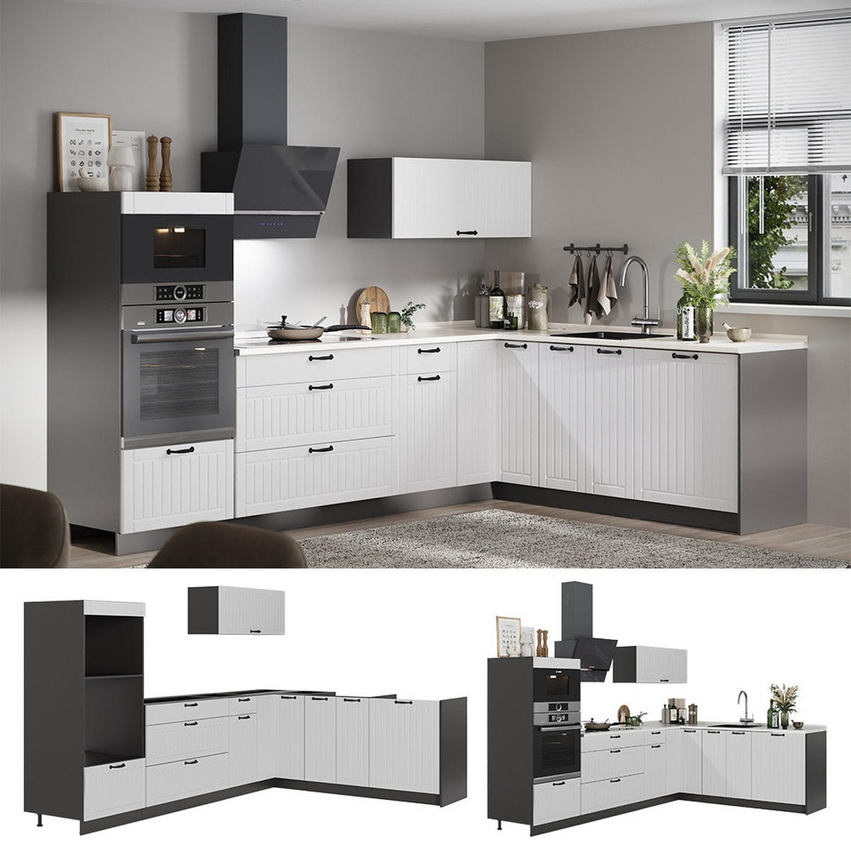 KUHINJA U OBLIKU SLOVA L Fame-Line, Bijela Seoska/Antracit, 287 x 207 cm, RP Mramor - bijela/antracit, drvni materijal (287/153.6/60cm) - Vicco