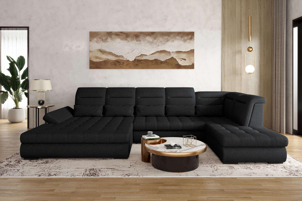 WOHNLANDSCHAFT Toscana Strukturstoff inkl. Schlaffunktion - Schwarz, Textil (208/87/358cm) - 99rooms