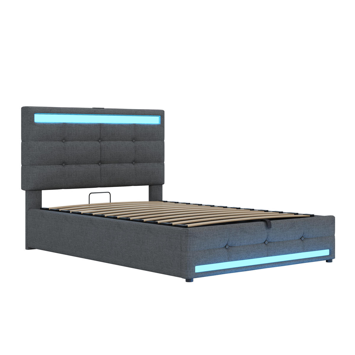 POLSTERBETT aus Stoff 90x200 cm in Grau mit LED & USB-Anschlüssen - Grau, Textil (90/200cm) - Modfu