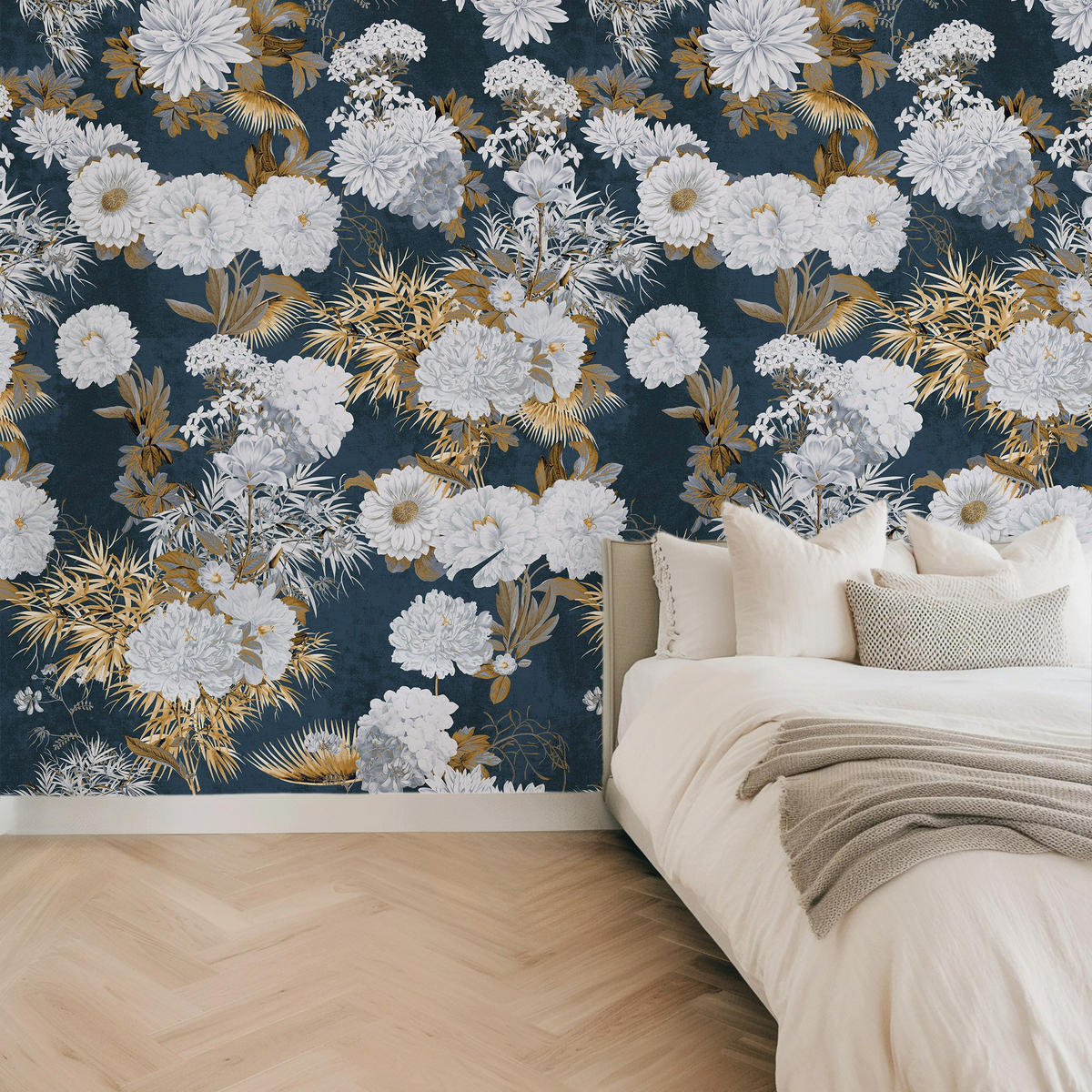 TAPETE Mit Blumen Blau Gold aus echtem Papier, 180x260cm, 2 Rollen - Goldfarben, Papier (180/260cm) - WALLPAPERS4BEGINNERS