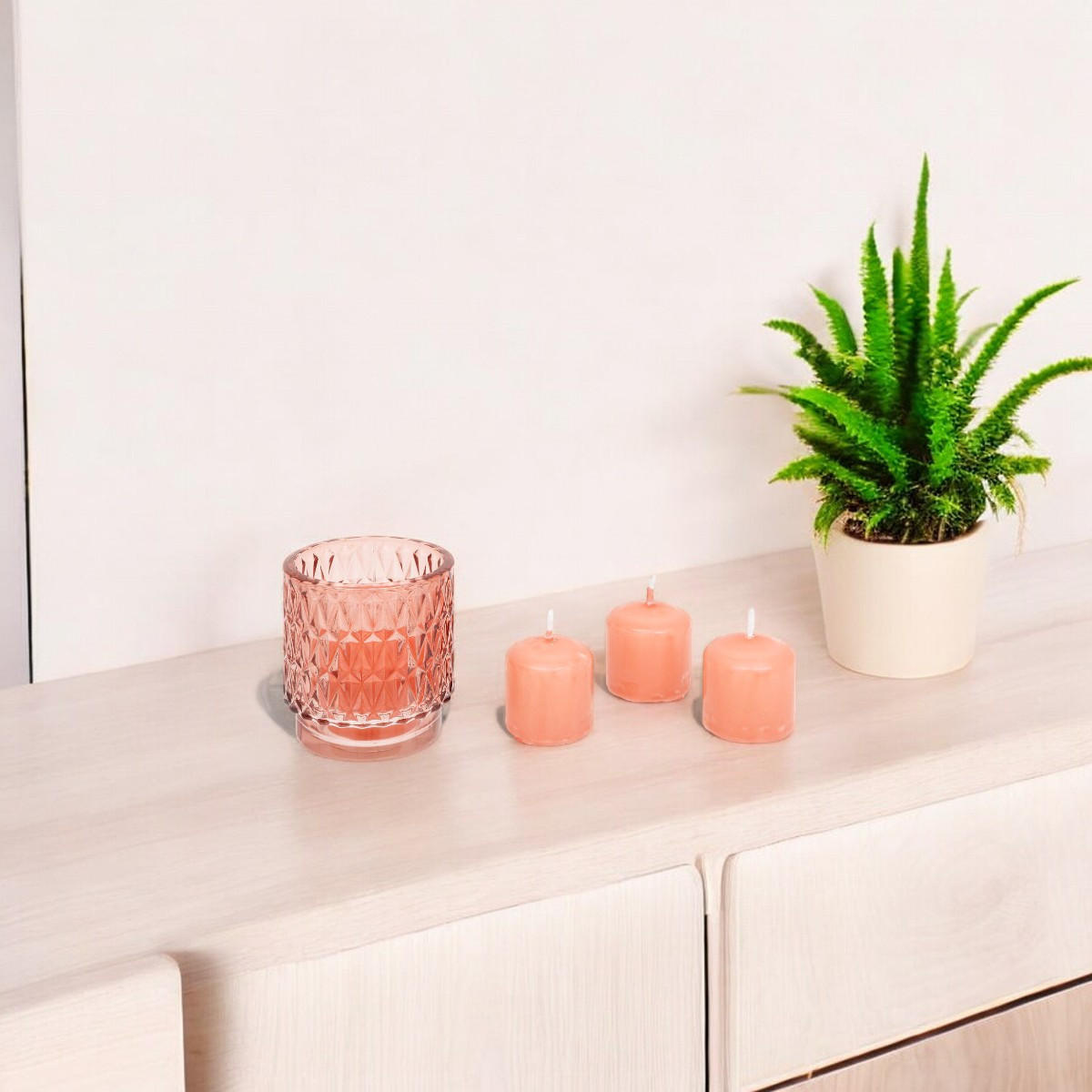 KERZENHALTER Glas Oudy + 3 Kerzen - Rosa, Glas (7/8/7cm) - Atmosphera Createur d´interieur