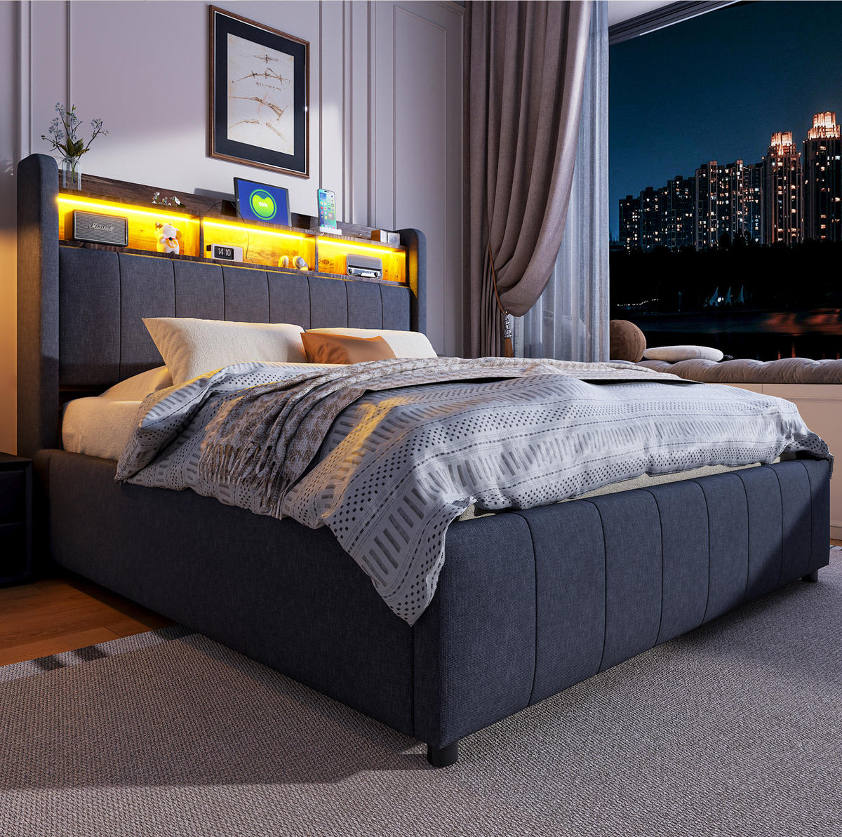 POLSTERBETT 140/200 cm Grau mit LED-Beleuchtung, Stauraum und USB- und Type-C-Anschlüssen - Grau, Textil (140/200cm) - Flora Grace