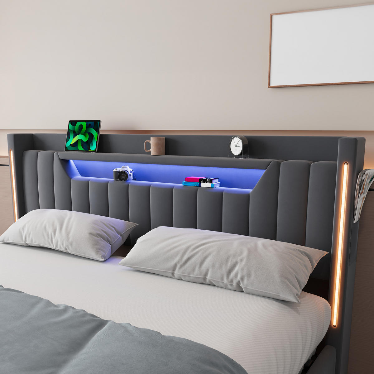 POLSTERBETT 140×200 mit Matratze, Bettkasten, Schubladen und LED Beleuchtung,Samtbezug, in Grau - Grau, Holzwerkstoff/Textil (140/200cm) - STILVORA