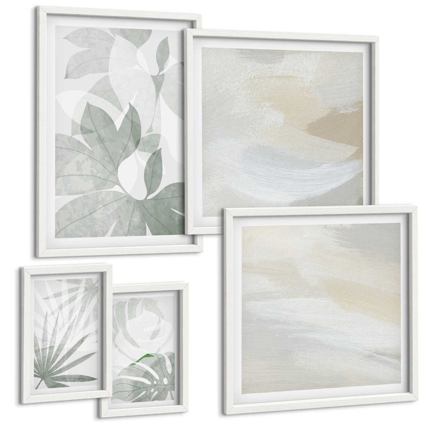 BILDER SET 5er Set - 50x50 cm & 20x30 cm & 40x60 cm Weißer Rahmen - Die Blätter der Pflanzen sind grünlich-grau. - Weiß, Kunststoff (40/60cm) - TULUP