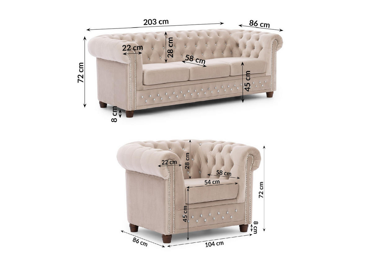 SITZGARNITUR 3+1 Chesterfield Cleo Blink Beige Samt mit Kristallsteppung und braunen Massivholzfüßen - Beige/Braun, Holz/Textil (203/72/86cm) - S-Style Möbel